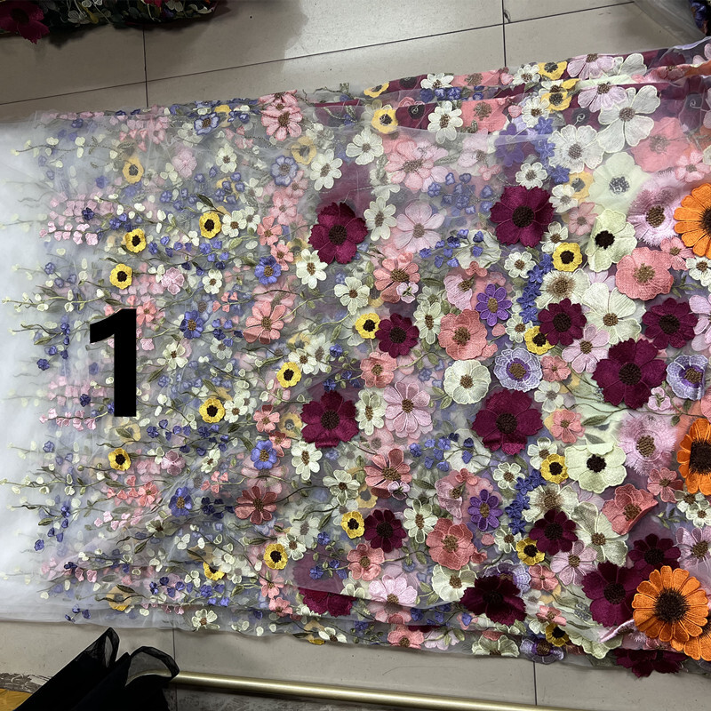 Colorful Floral Lace Fabric 3D Flower Embroidery Bridal Dress Gown 90 130cm