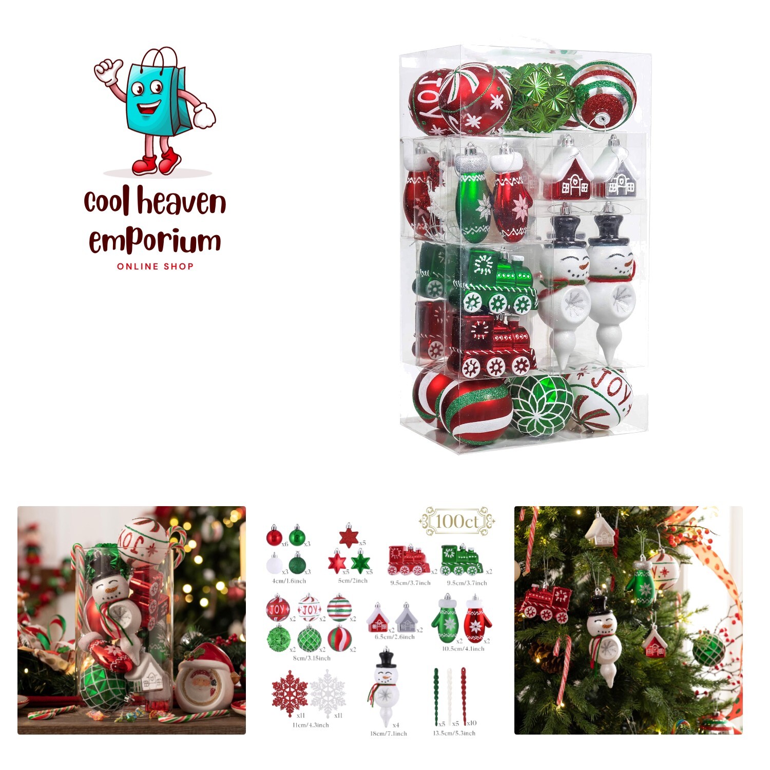 Christmas Tree Ornaments Set, 100ct Red Green White Shatterproof Christmas Tr...