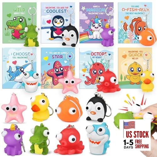 24 Pack Valentine's Day Cards with Animal Popping Eyes Keychains for Kids 