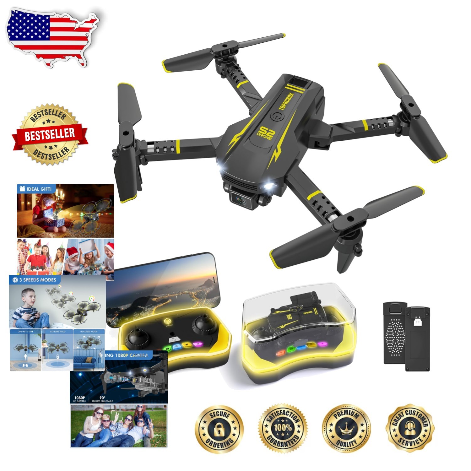 RC Quadcopter Drone for Kids, 1080P HD FPV, 2 Batteries, Voice Control, Yellow