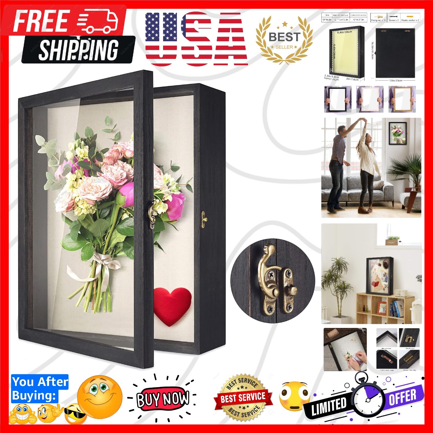 Flowers Shadow Box Display Case 13 x 16 Large Shadow Box Picture Frame with G...