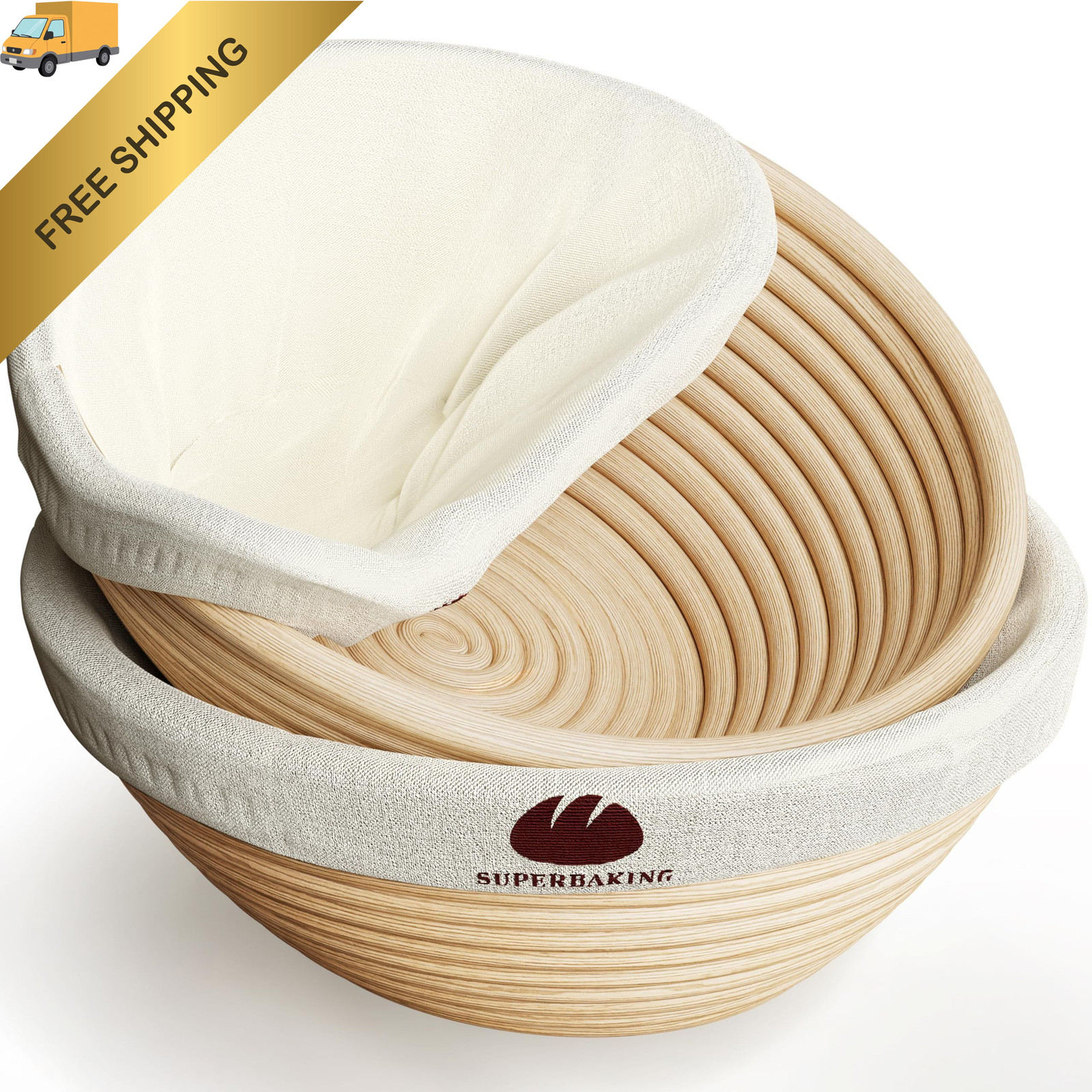 Superbaking 2 pcs Banneton Bread Proofing Basket, 9" 9", Natural 
