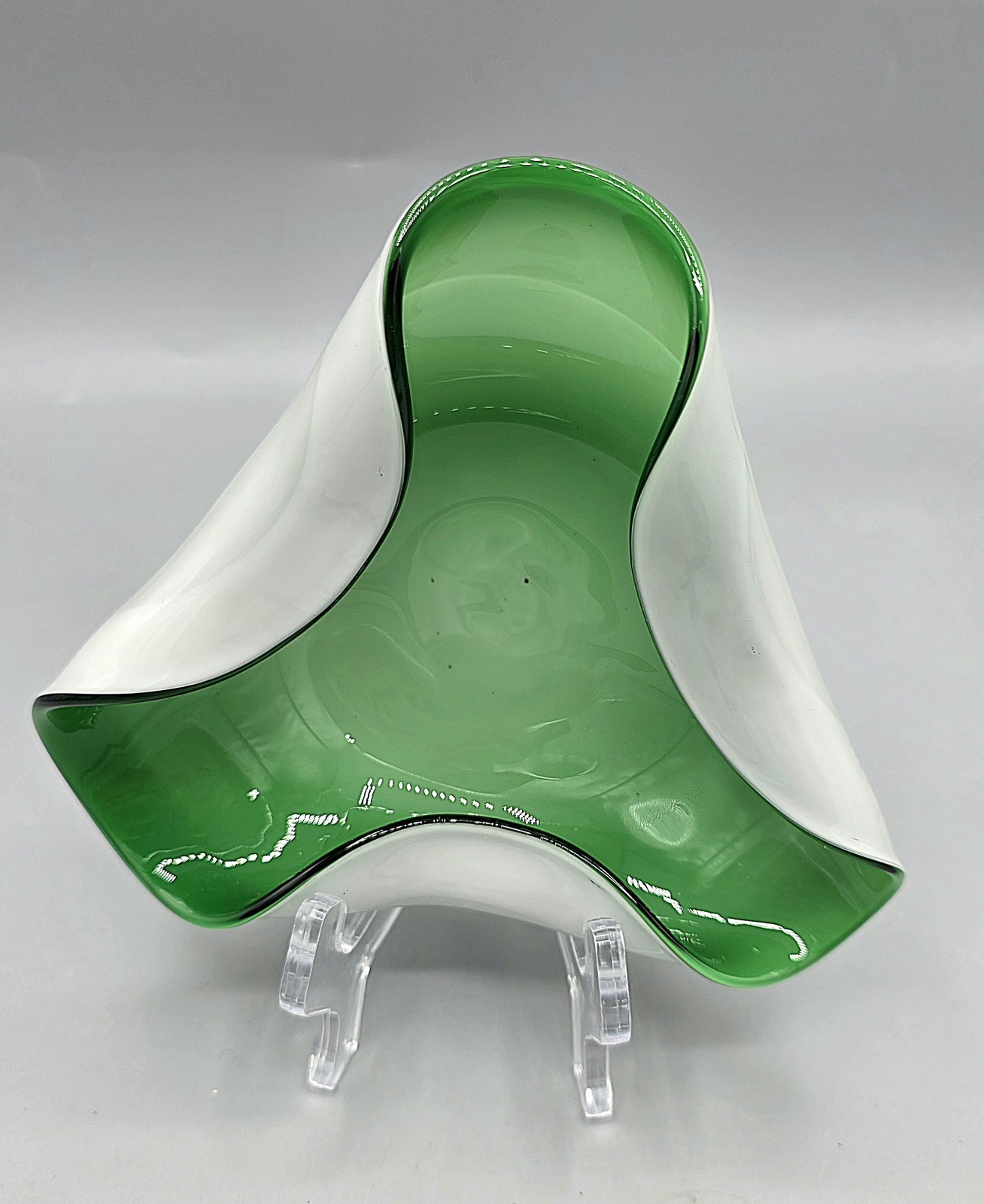 Murano Style Green White Cased Folded Bowl Art Glass Dish Mid Century Modern Vtg