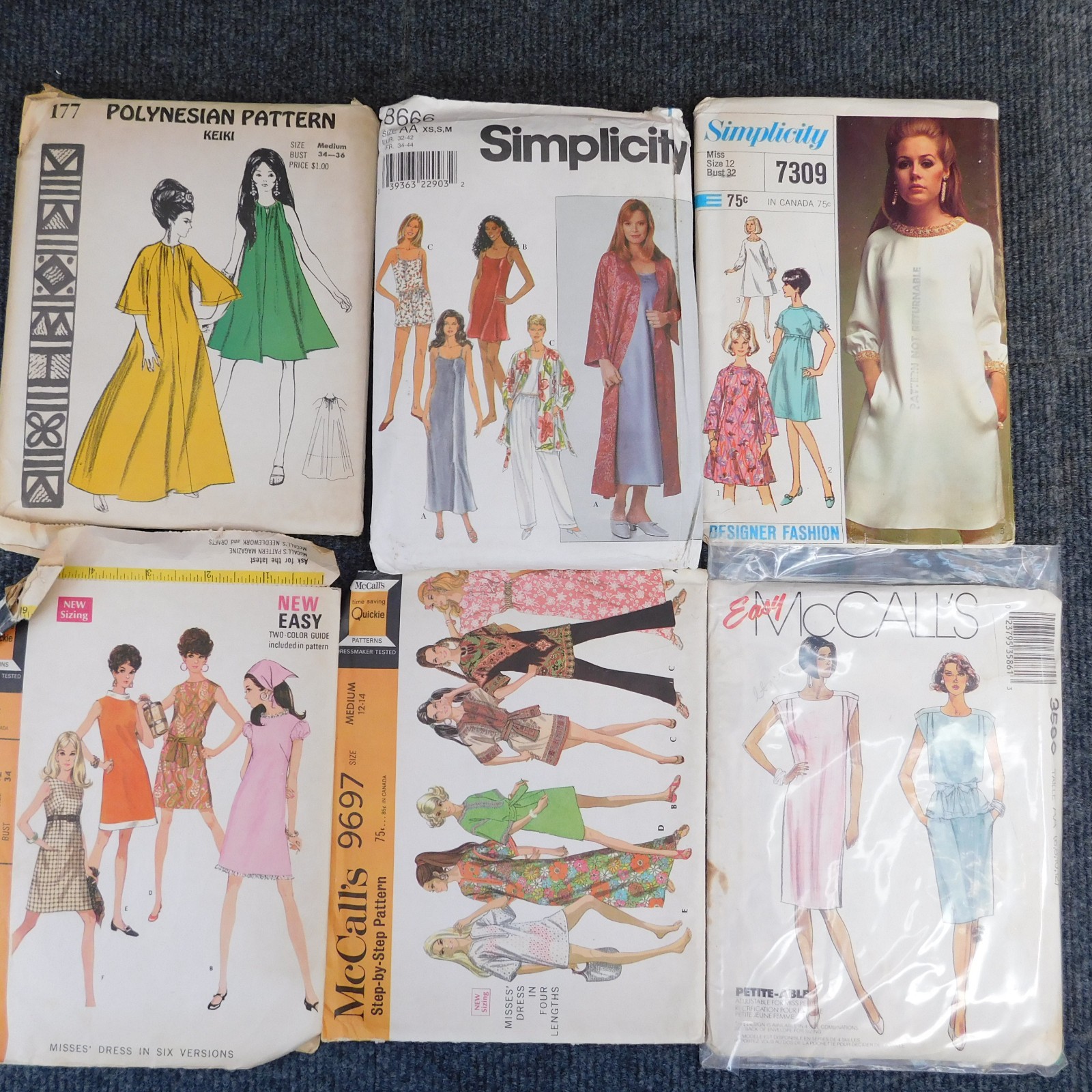 Vintage Patterns Lot 6 Polynesian Boho 60s Mod Dresses Nightgown Size 12 Bust 32