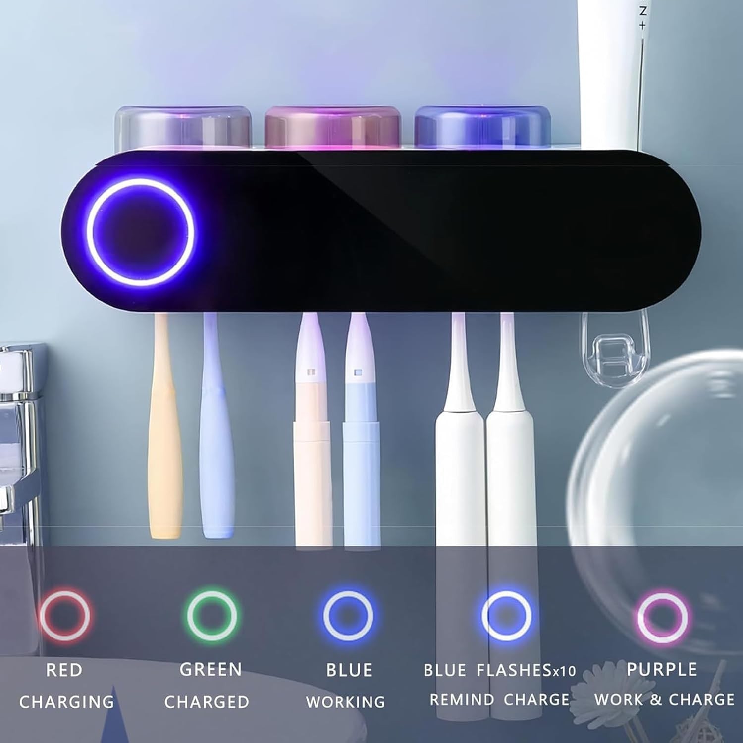 Automatic Toothpaste Dispenser & Toothbrush Holder - Wall Mounted w/ 3 Cups