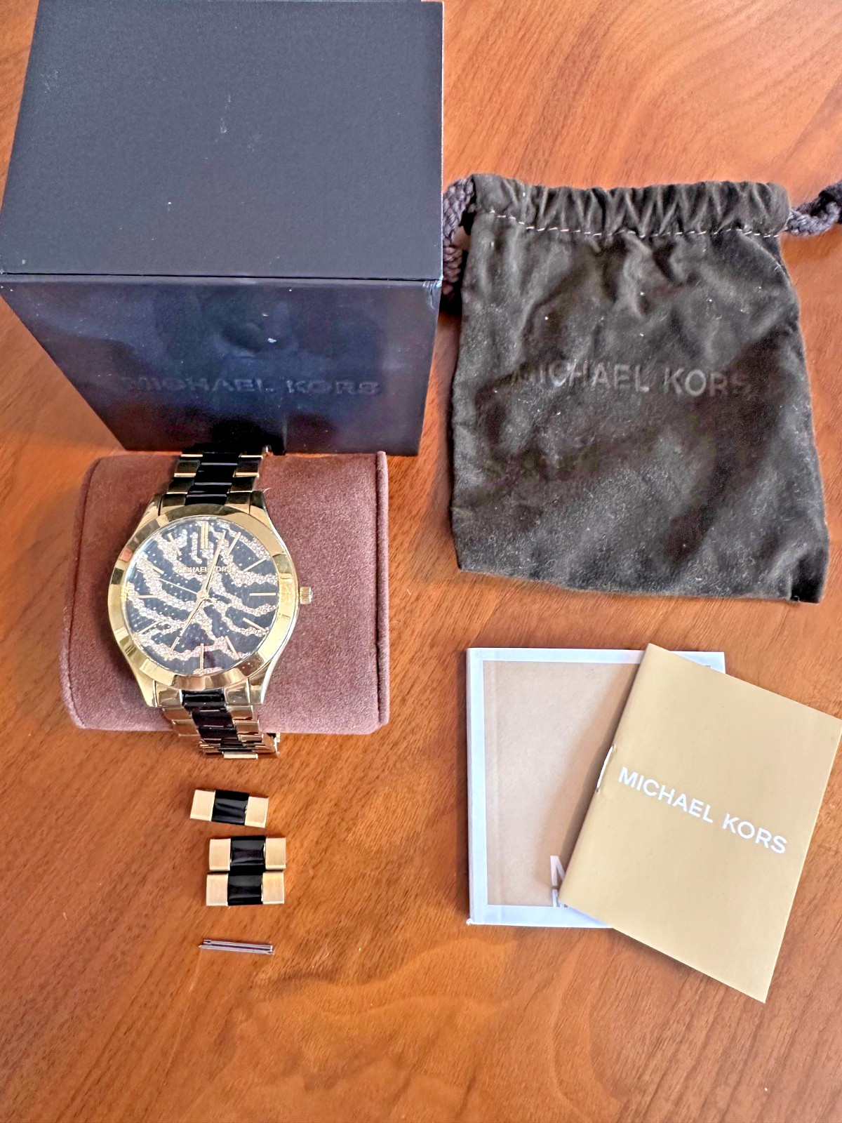 Michael Kors MK-3315 Slim Runway Gold Zebra Crystal Dial Watch Box Bag Book