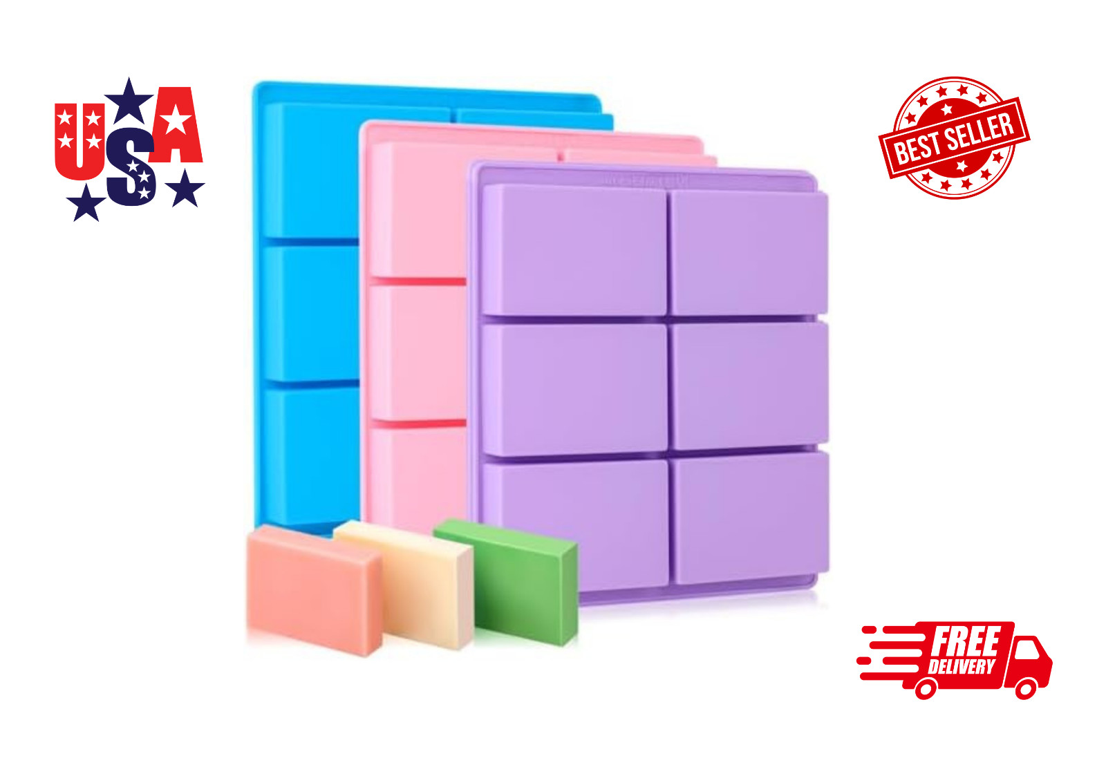 SJ Silicone Soap Molds 3-Pack, 6-Cavity Rectangle Mold for Soap & Chocolate