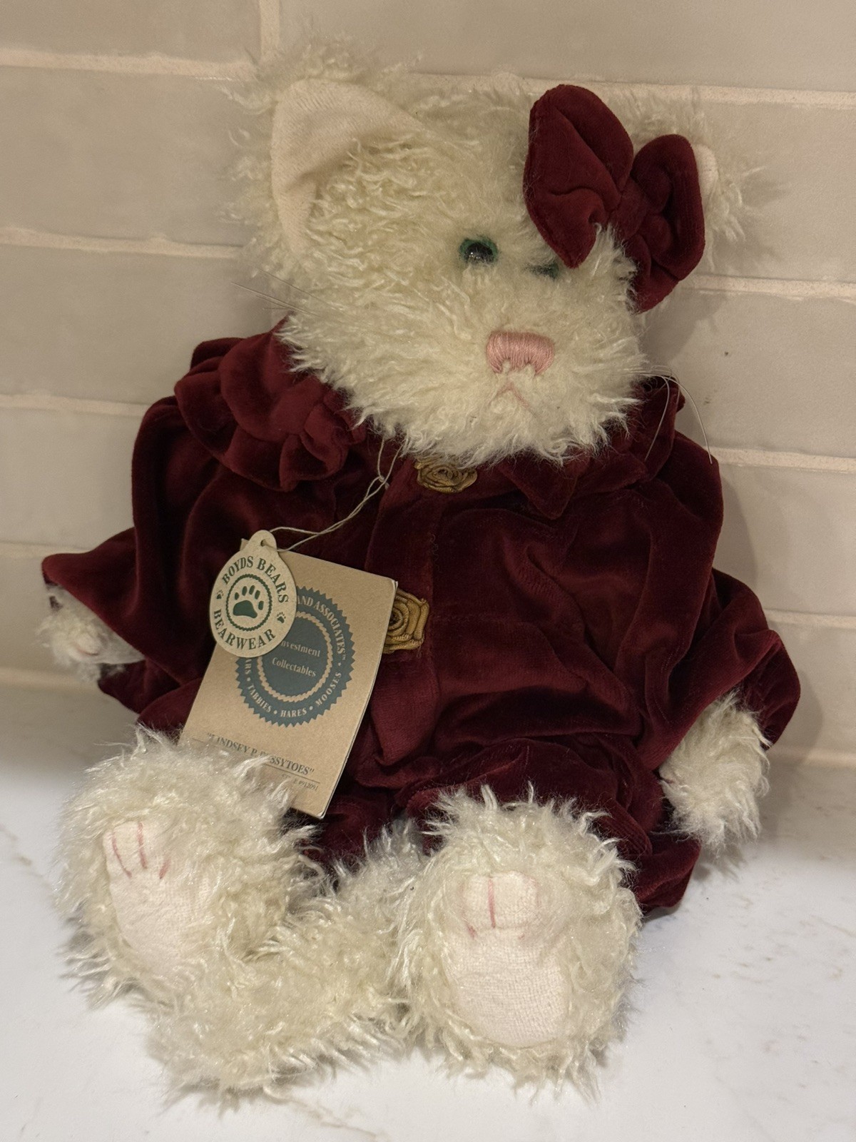 Boyds Bears LINDSEY P. PUSSYTOES # 912091 Plush 12” Cat Maroon Rompers 1998