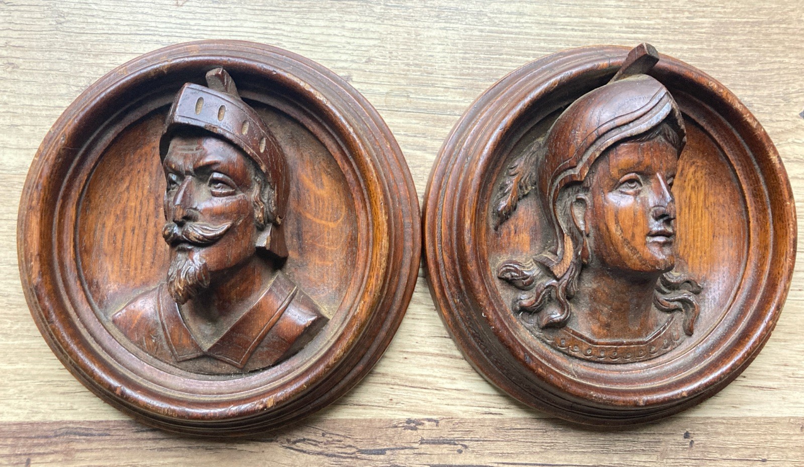 Antique Oak Wall Plaque Pair Wooden Carved heads 