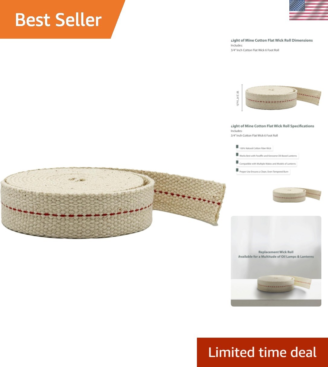 3/4" Inch 6' Foot, 100% Cotton Flat Wick for Paraffin Oil, Kerosene Based Lan...