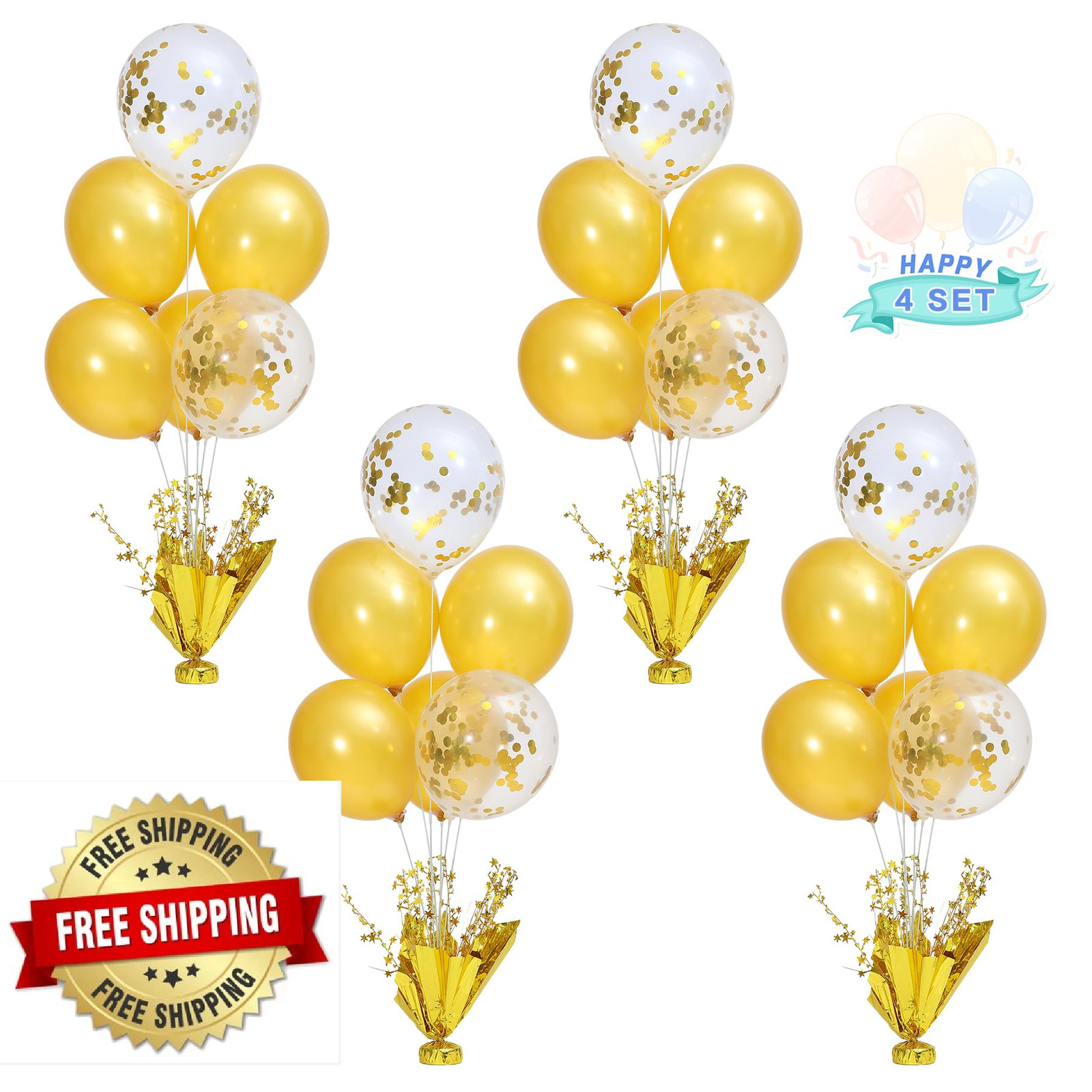 4 Set Gold Table Centerpiece Balloons Stand Kit with Gold & Confetti Balloons