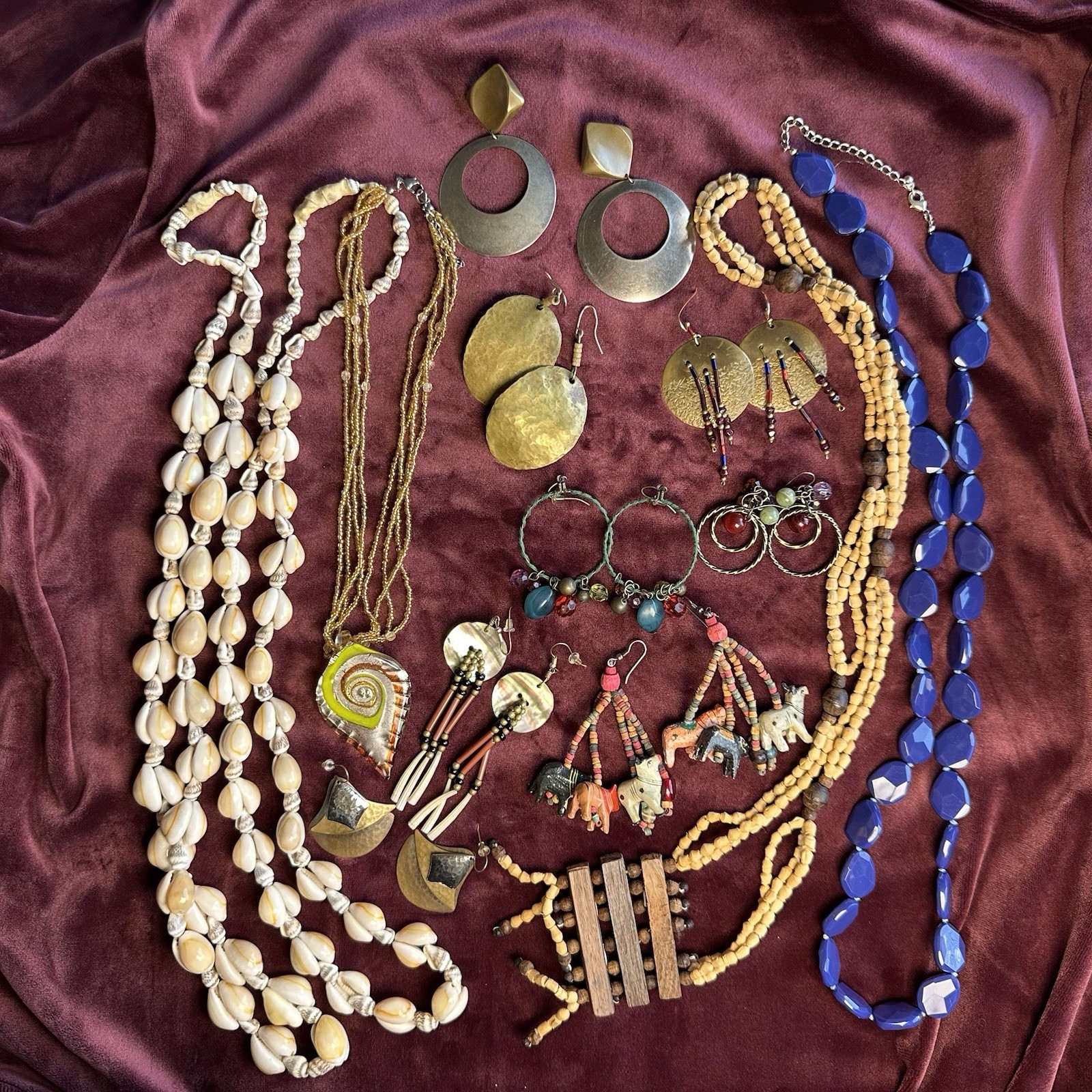 Boho Jewelry 13 Piece Lot Vintage Modern Necklaces Earrings Shell Wood Statement