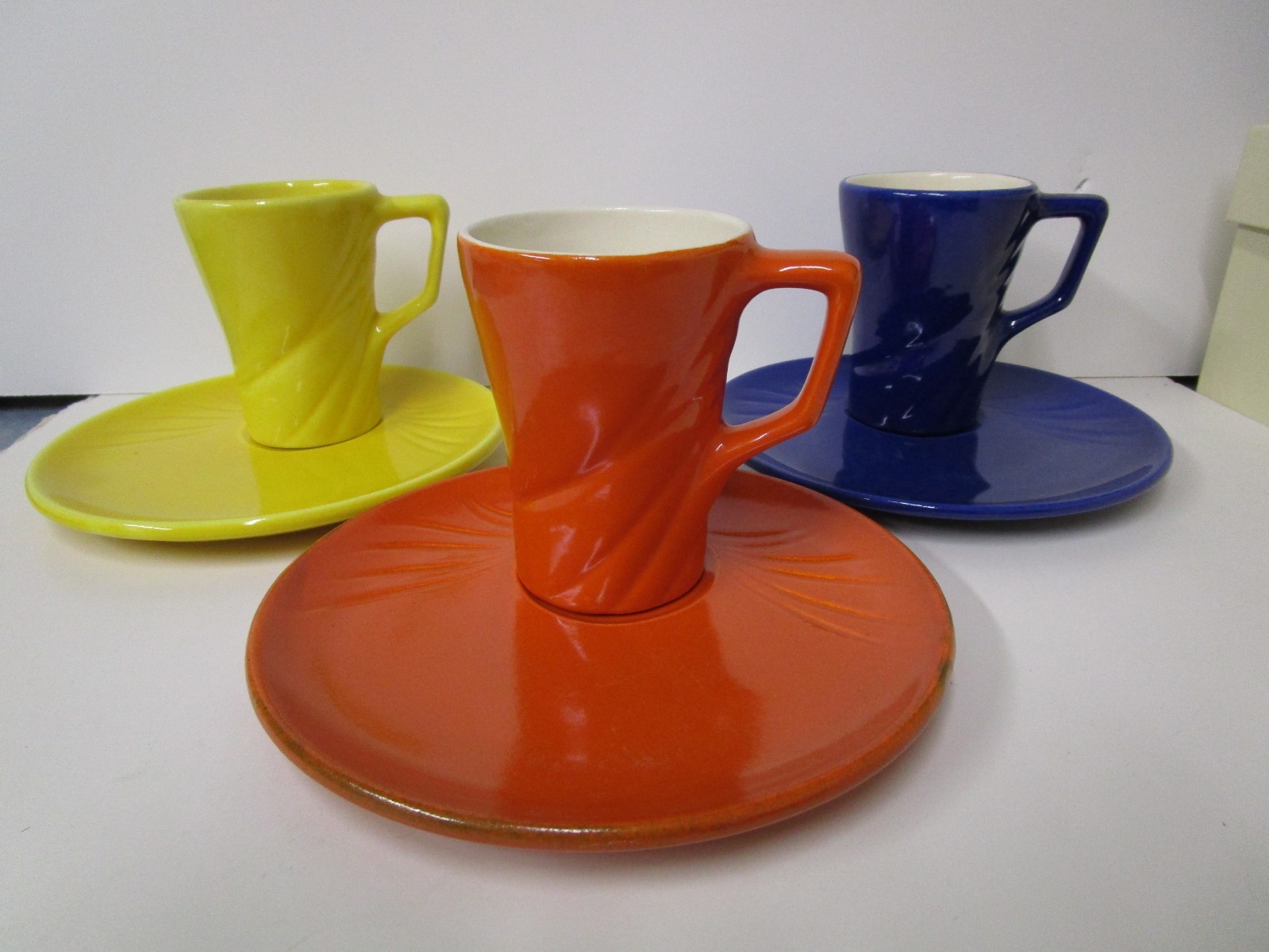 Red Wing Pottery Gypsy Trail Chocolate Cup & Plate Sets Yellow Blue Orange