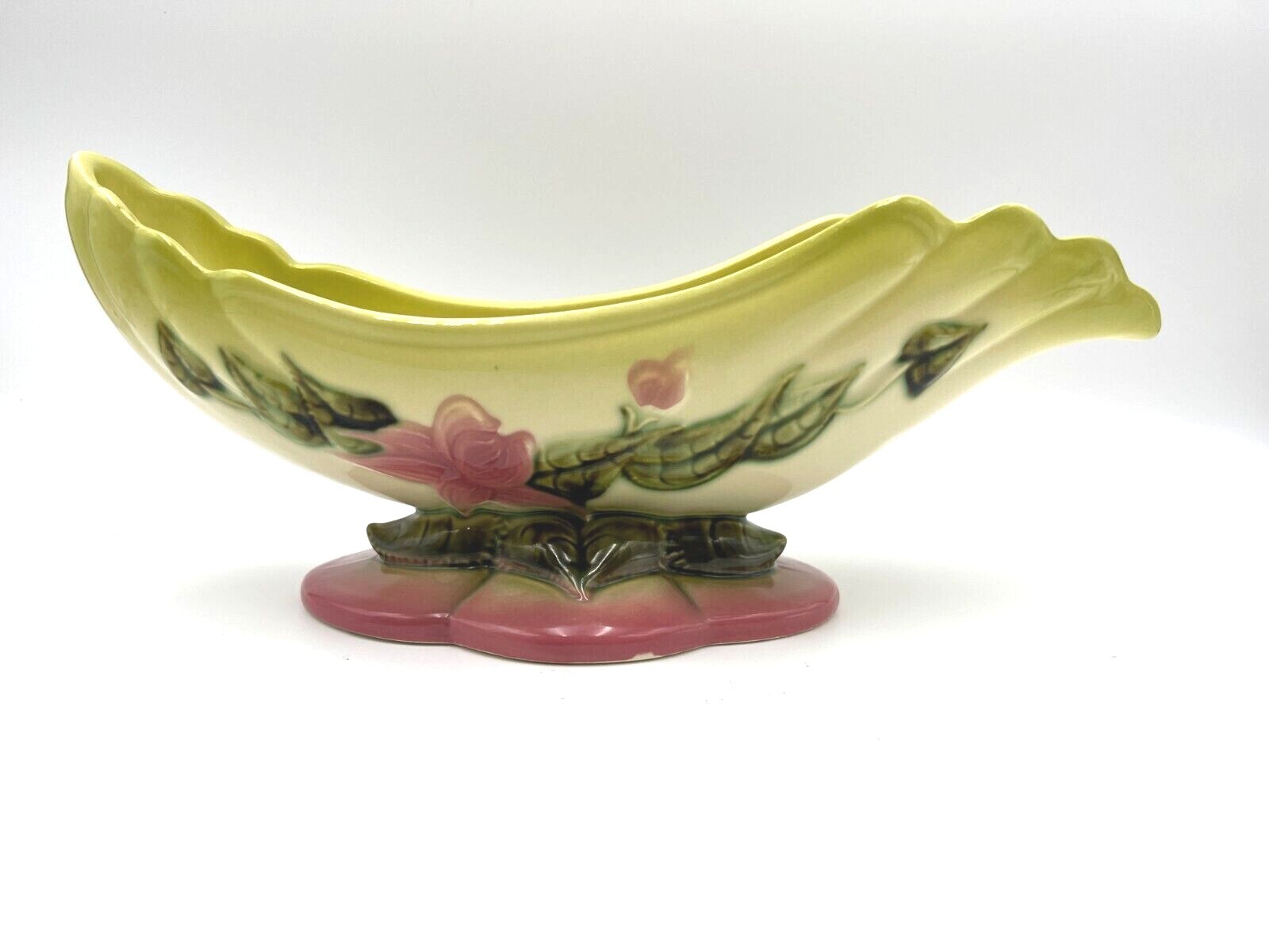 Vintage Hull Pottery W29 Centerpiece Console Bowl Woodland Green/Pink