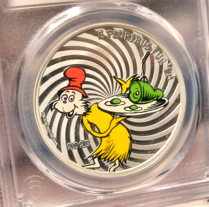 DR SEUSS - SAM I AM - 1 OZ .999 FINE SILVER COLORIZED ROUND - PCGS MS70
