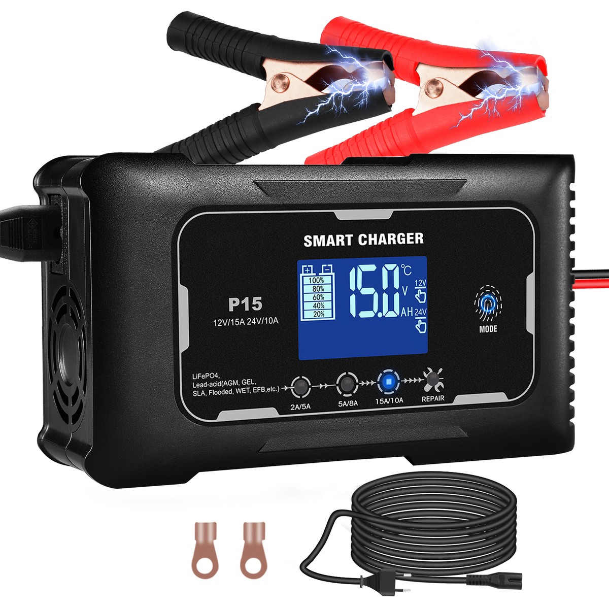 Lifepo4 Charger 15-Amp Fully-Automatic Smart Charger,12V 24V Car Battery Charger