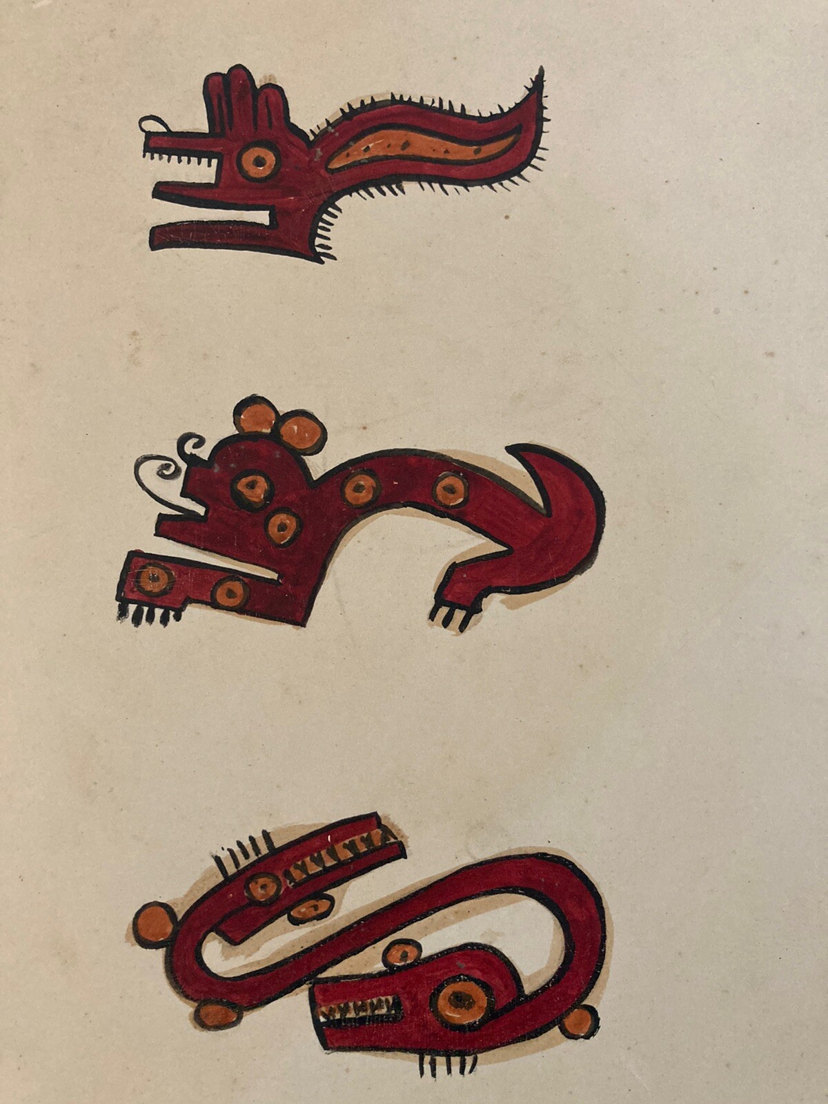 Very Beautiful Gouache Painting Aztec Dragon Monster Ancient Art 1952