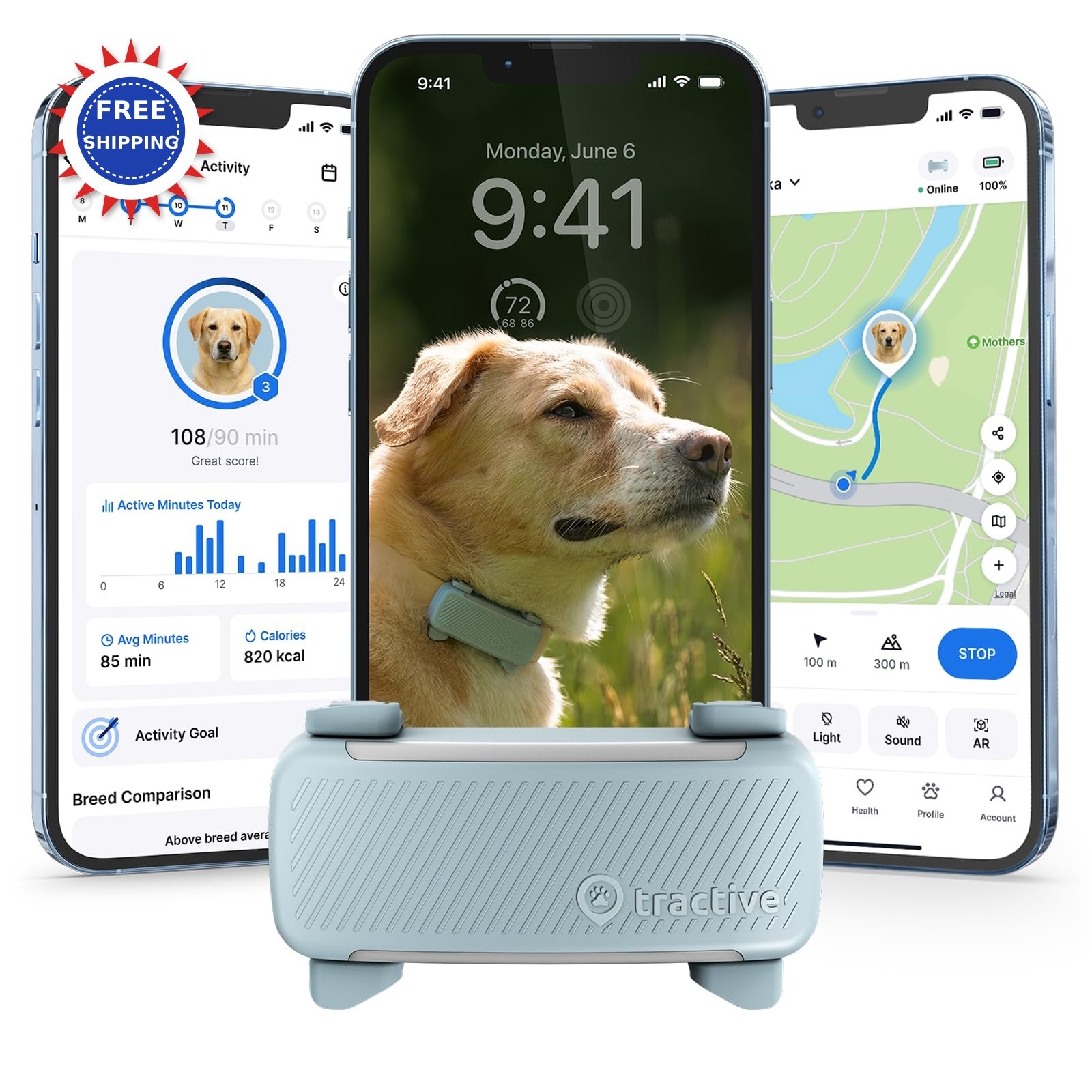 Dog GPS Tracker Tractive Smart Live Pet Virtual Fence Vital Signs Monitoring