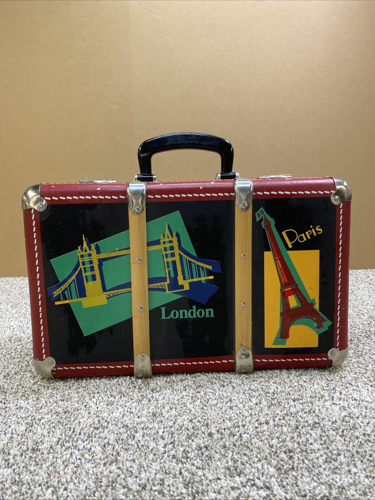 Vintage Red Luggage Travel Suitcase Decor Retro Luggage London Paris (No Key)