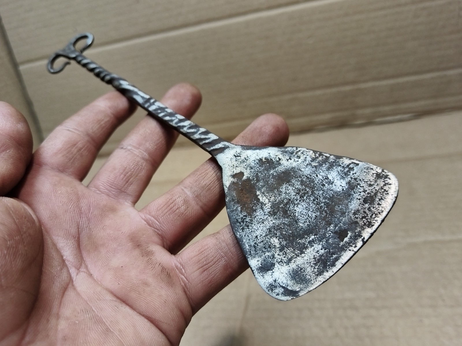ANTIQUE HAND FORGED TWISTED COOKING TOOL SCRAPER SPOON KITCHEN SPATULA 19TH