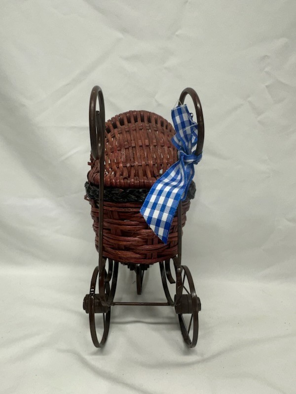 Vintage Wicker, Metal And Wood Baby Stroller Carriage With Hood  