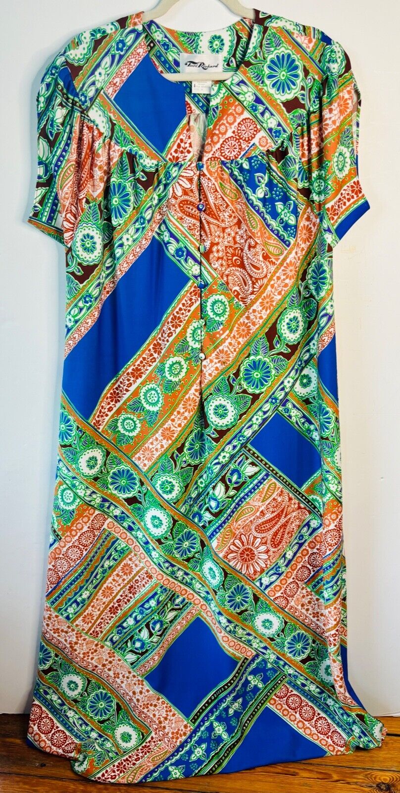 VTG TORI RICHARD HONOLULU BLUE GREEN FLORAL PAISLEY PRINT MAXI HOUSE DRESS*M/L