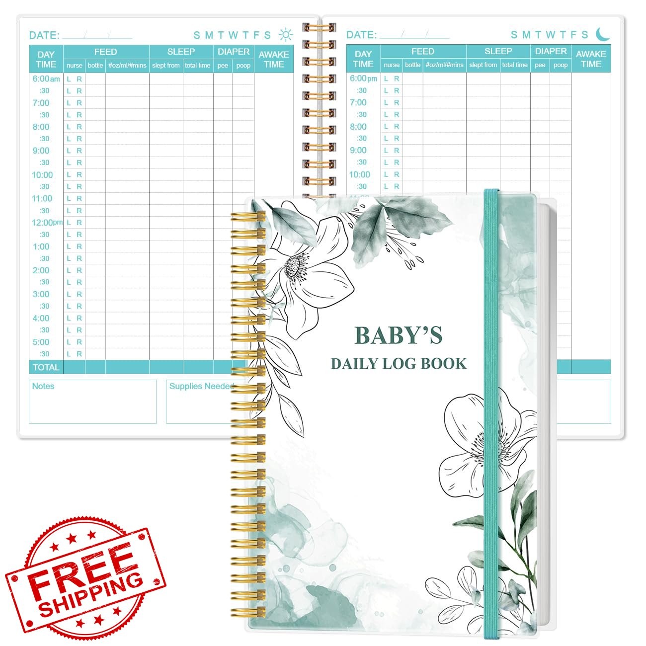 Baby Log Book Newborn Tracking Journal A5 Teal Flowers 150 Pages