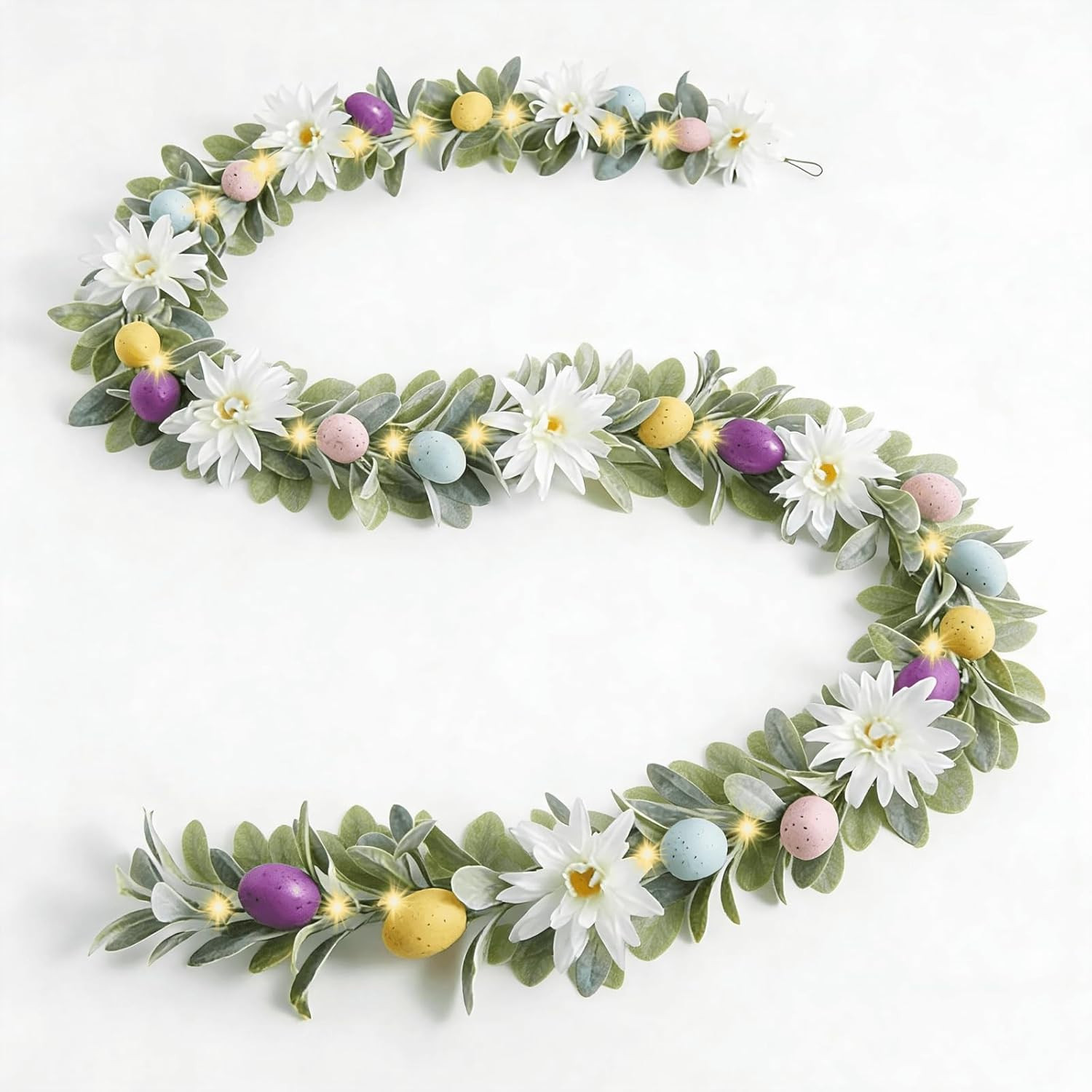 6Ft Pre-Lit Easter Garland with 40 LED Lights, Artificial Waterproof Lambs Ear S