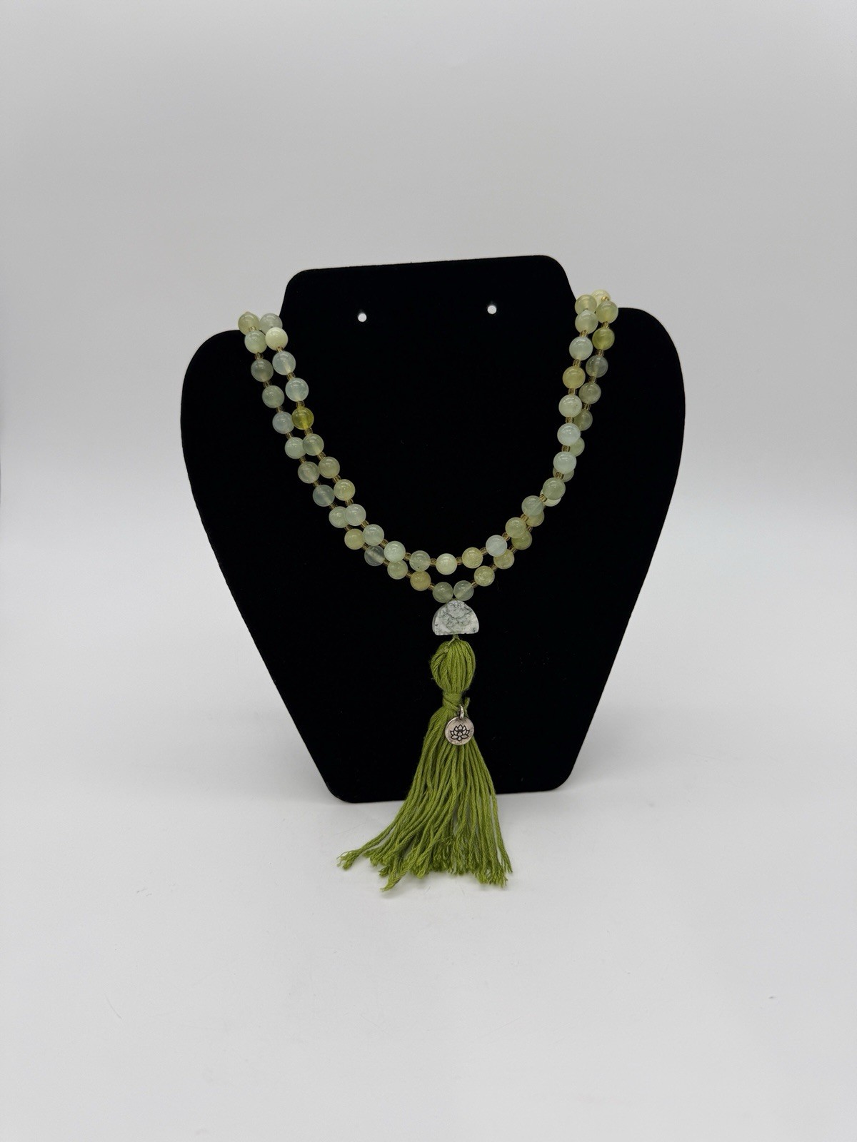 108 Green Lime Jade Beaded Tassel Male Necklace W/ Feng Shui Stone & Lotus Charm