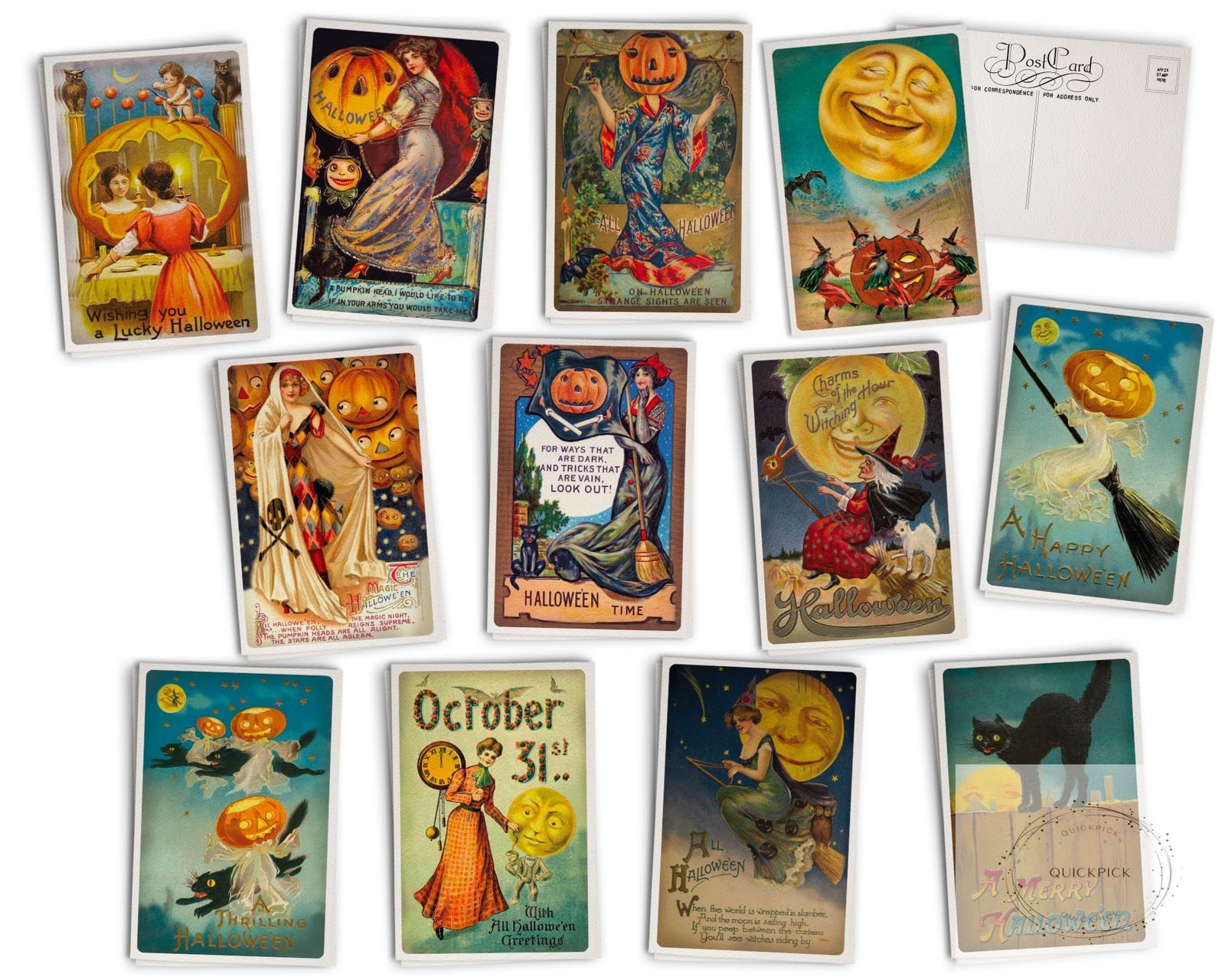 Antique Halloween Post Cards - 24 Vintage Halloween Postcards 12 Assorted Retro
