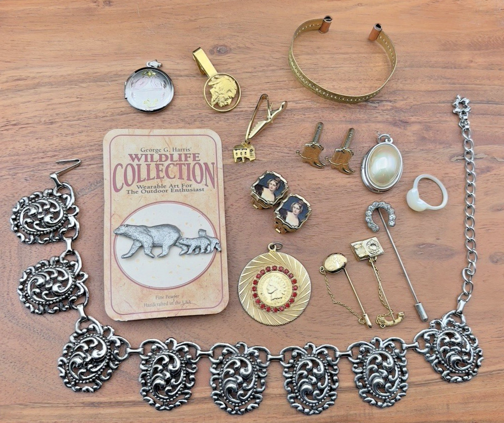Vtg Mixed Lot Necklace Pewter Pins Lockets Tie Tack Cuff Links Earrings Ring 14