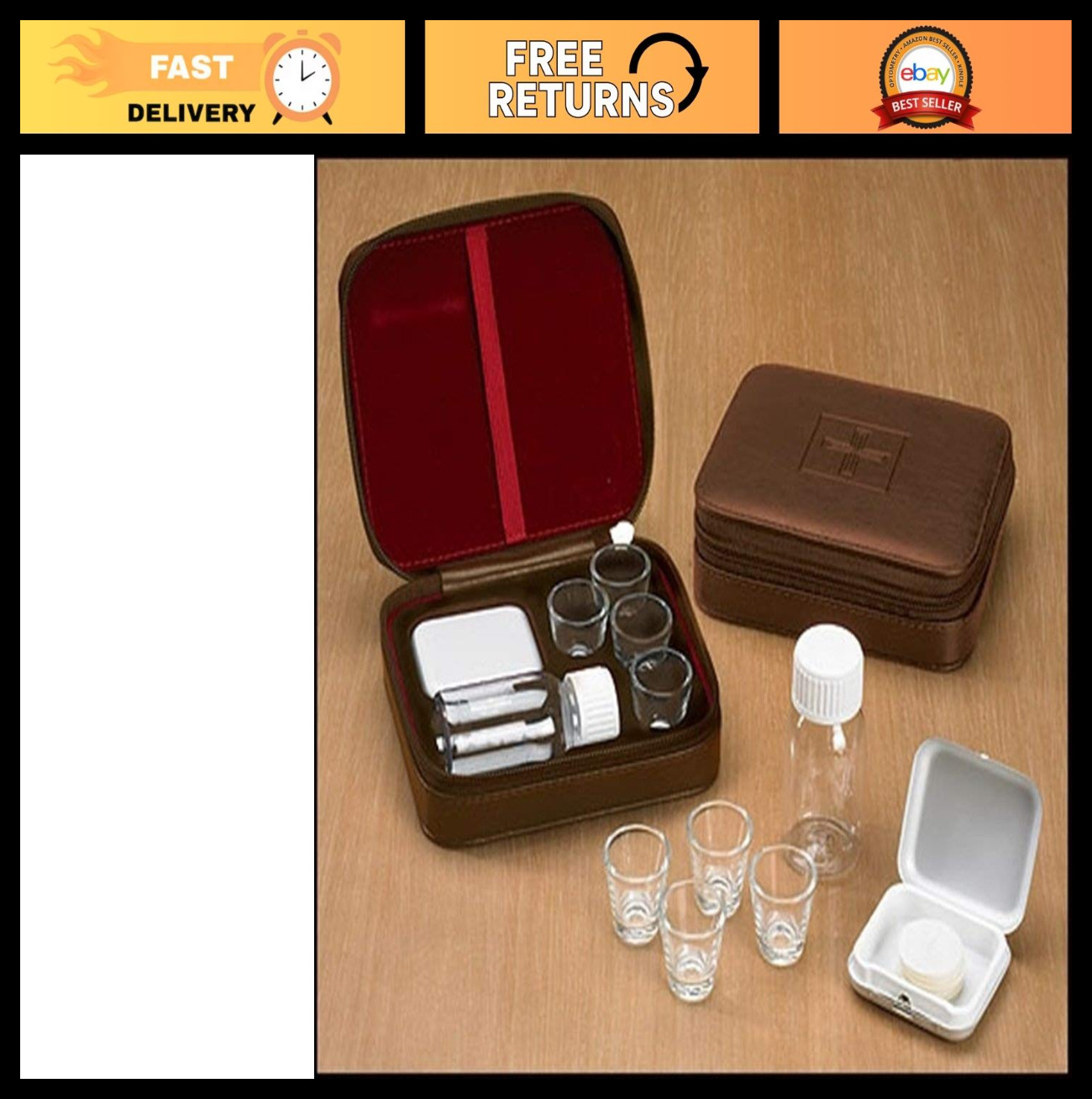 Portable Communion Set - 4 Cup Faux Leather Box, Travel-Friendly, Minister Kit