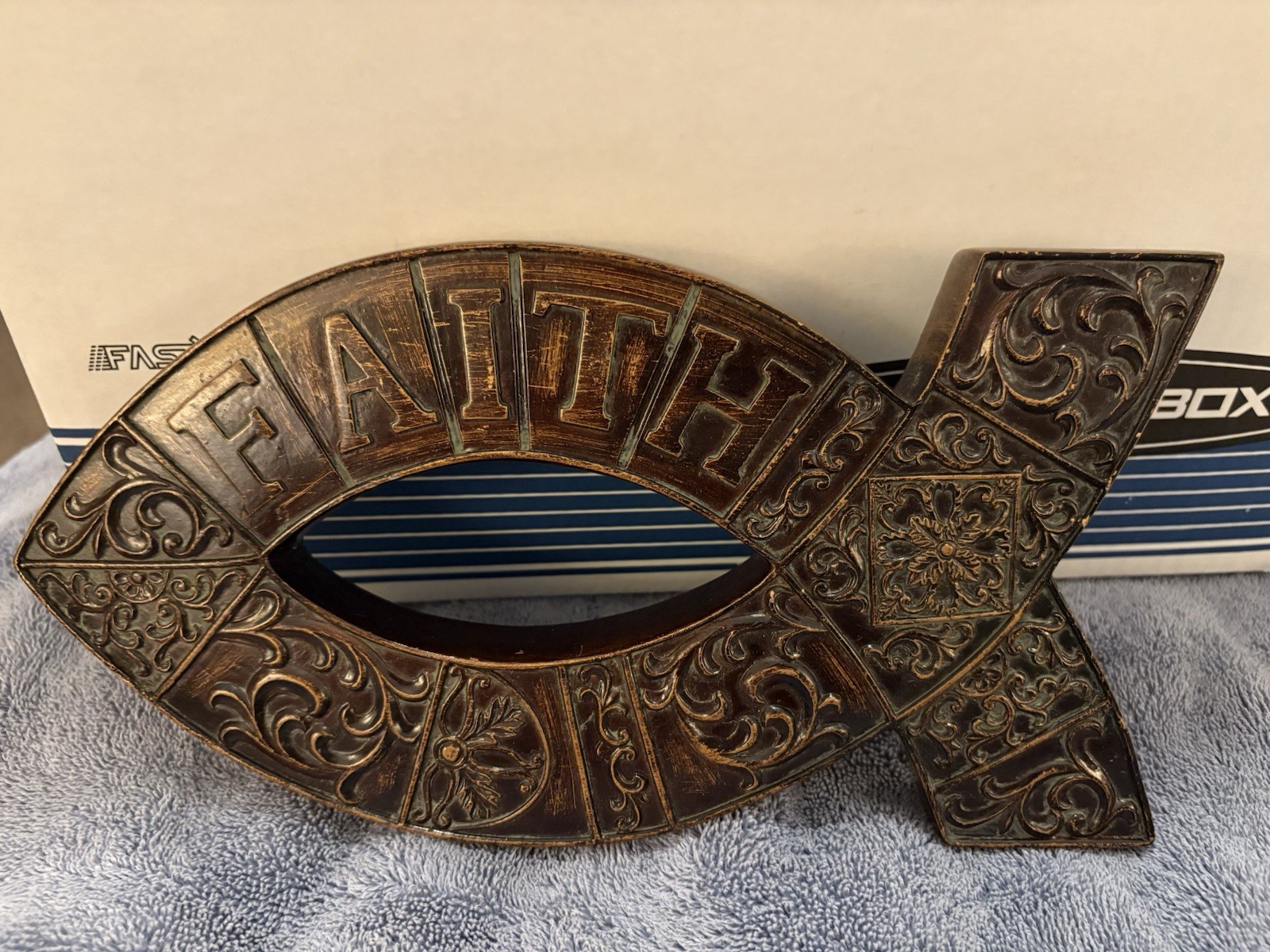 RELIGIOUS FAITH WALL HANGING in the shape of a fish. With beautiful scroll work