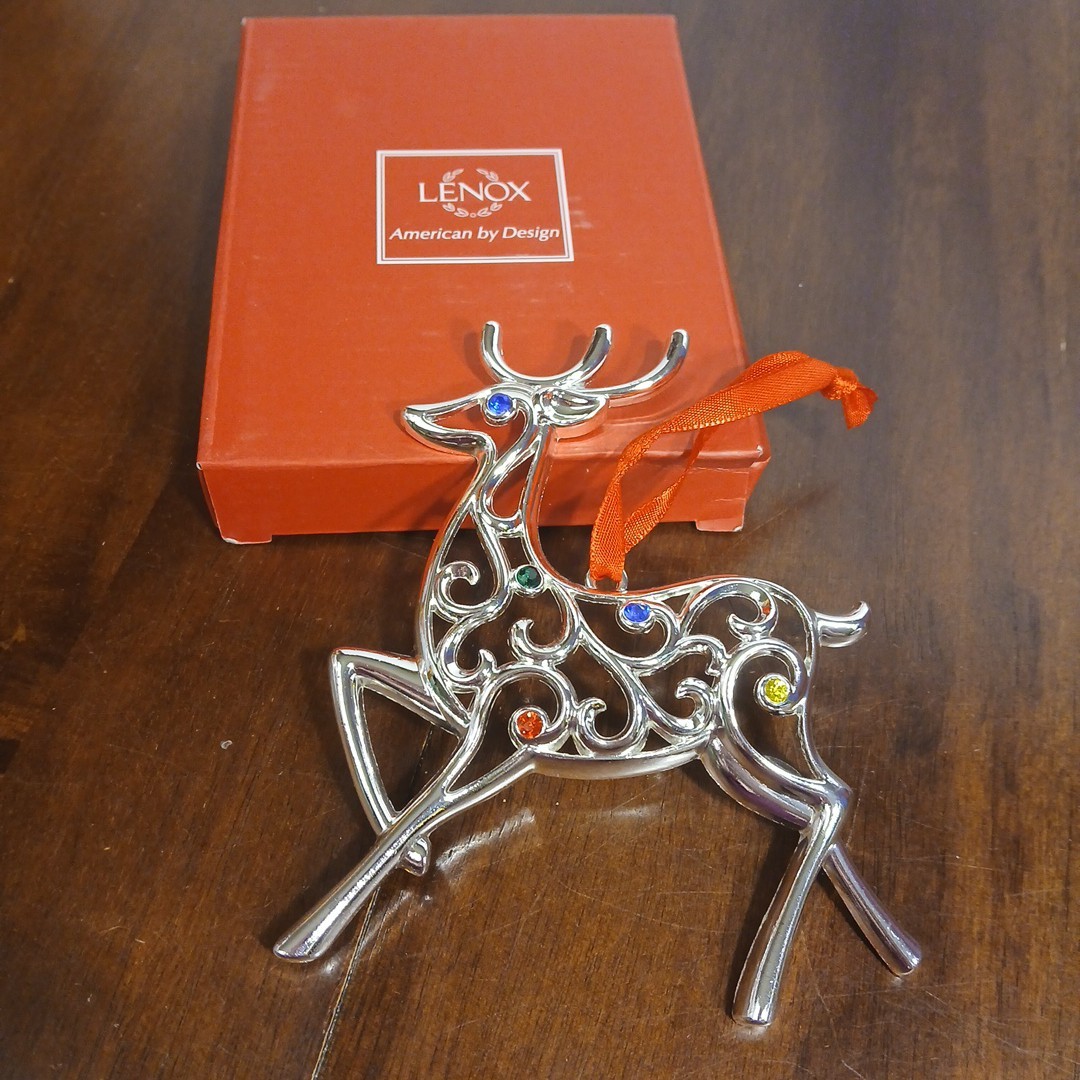 Lenox Sparkle & Scroll Silver Plated Reindeer Ornament Rhinestones W/ Box