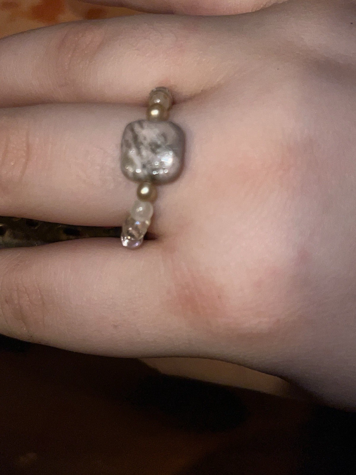 Beaded Adjustable Ring Brown Beige Gray Square Stone Handmade Beads Unisex Style