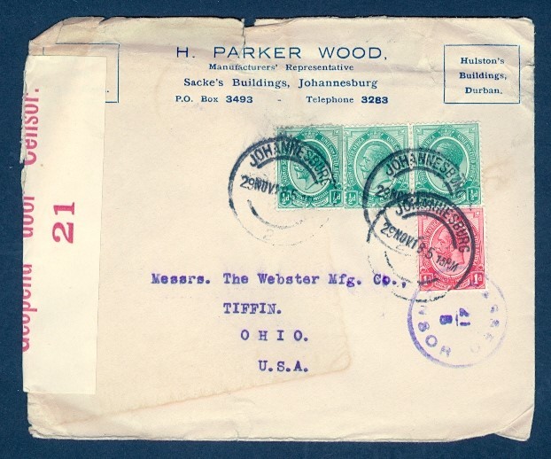 SOUTH AFRICA 1918 KGV COMBO CENSOR TO USA