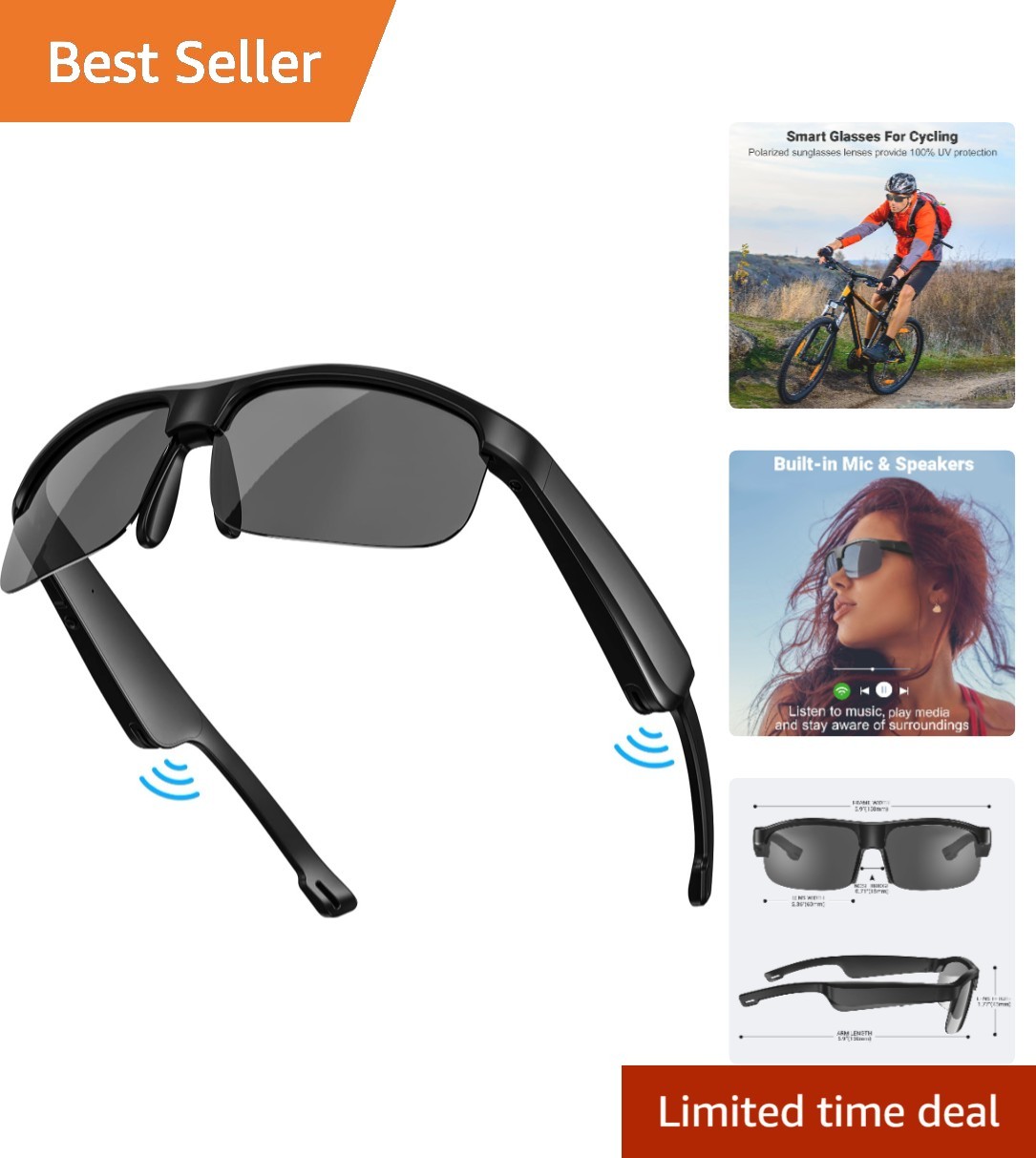 UV400 Polarized Smart Glasses with Microphone, Speakers & Bluetooth Connectivity