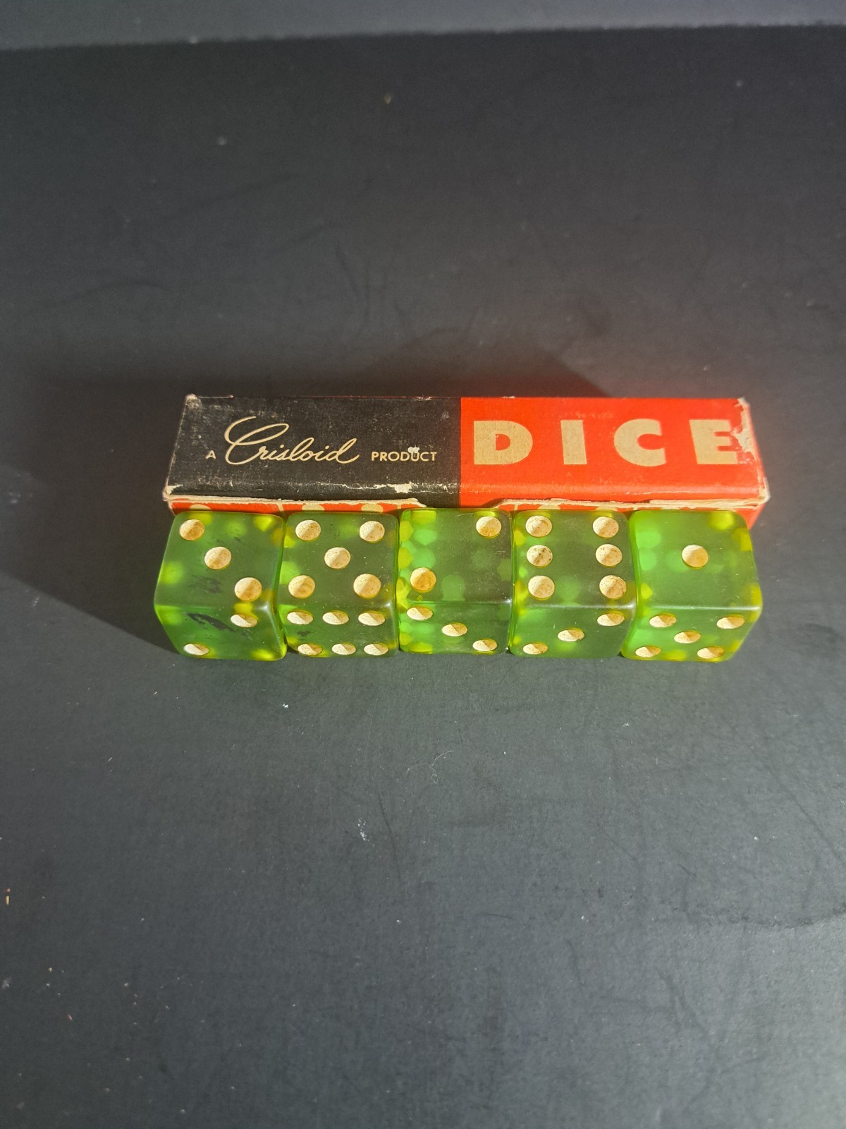 Vintage Crisloid Bakelite Green Dice W/Box - All Original  - Translucent 