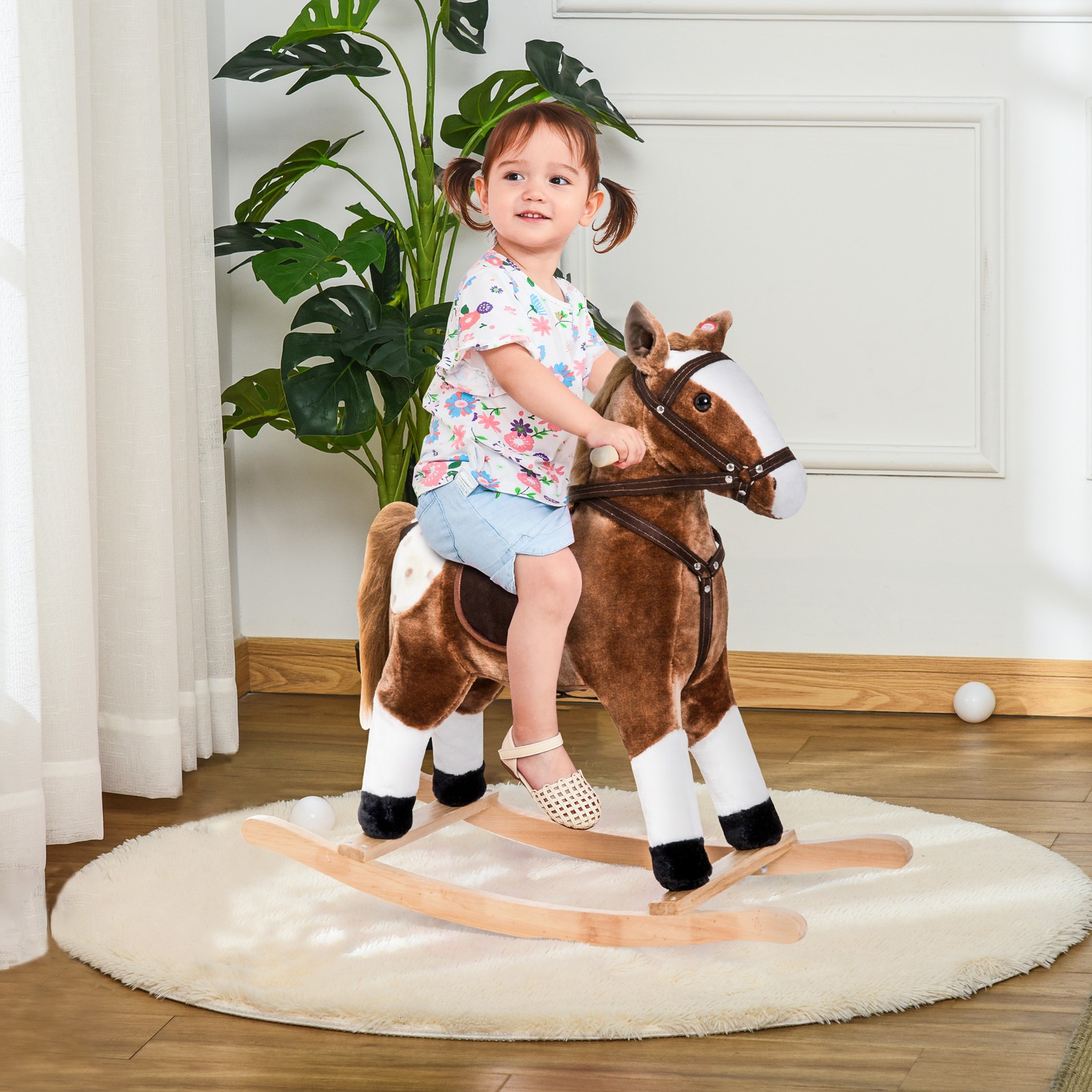 Wooden Rocking Horse with Neighing Sounds for Toddlers Kids Ages 3+ - Brown