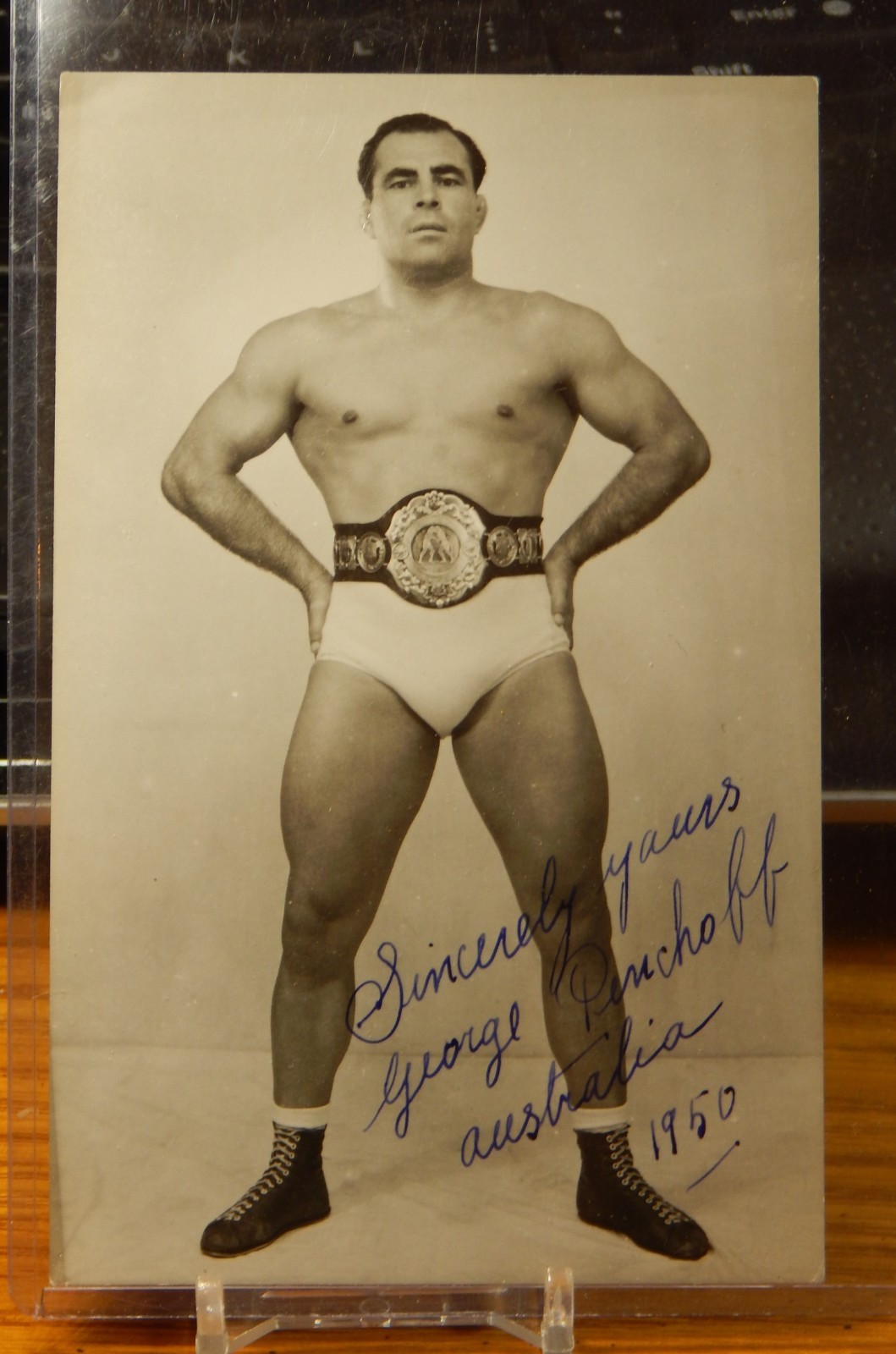 1950 GEORGE PENCHOFF PHOTO POST CARD SIGNED WRESTLING AUTO LQQK
