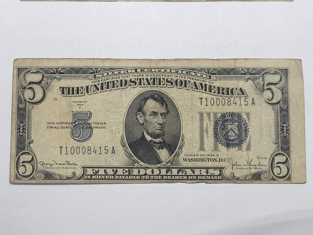 1934 D BLUE Seal $5 Silver Certificate  CHEAP !!!