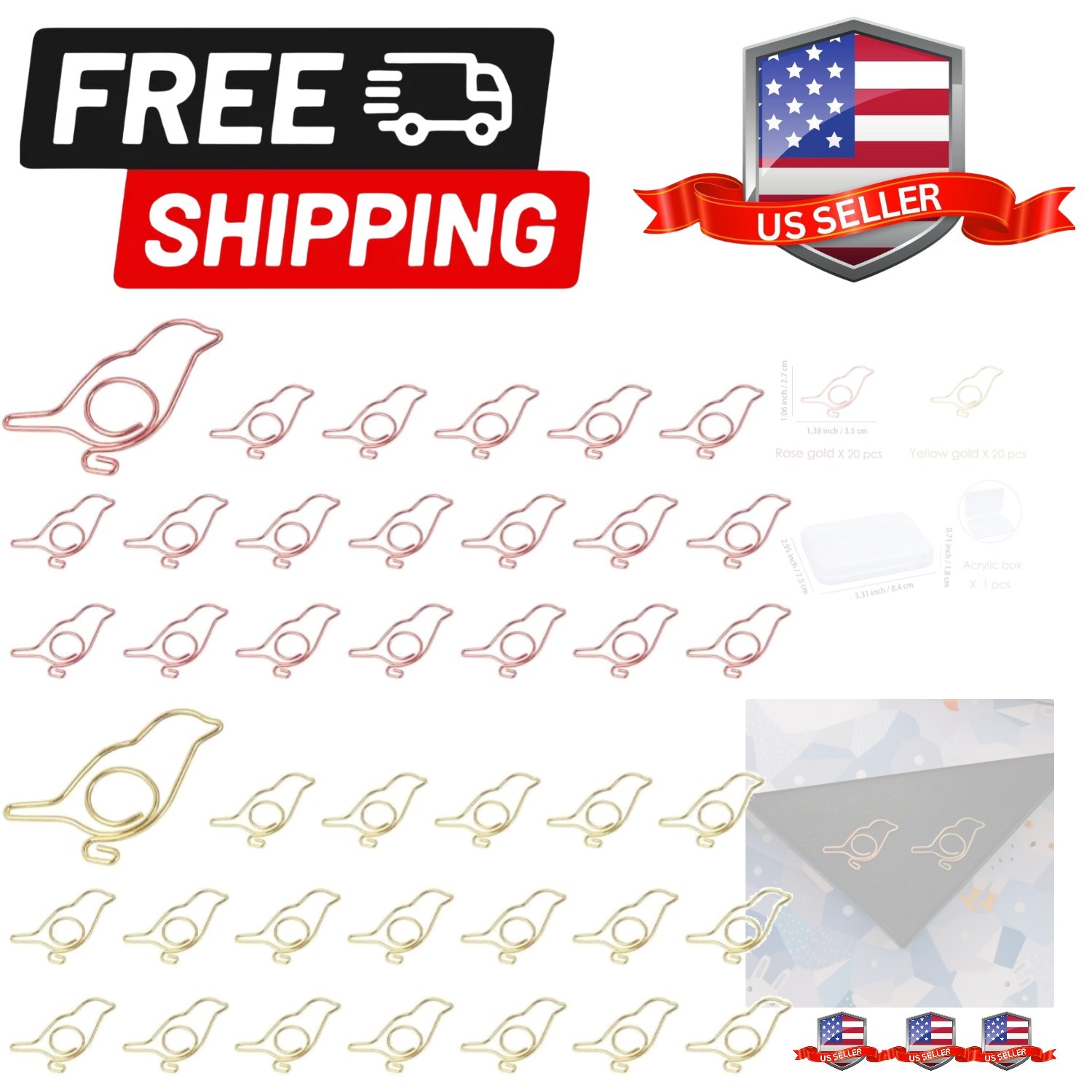 40pcs Bird Shape Paper Clips with Clear Box, Rose Gold and Yellow Gold, Funny...
