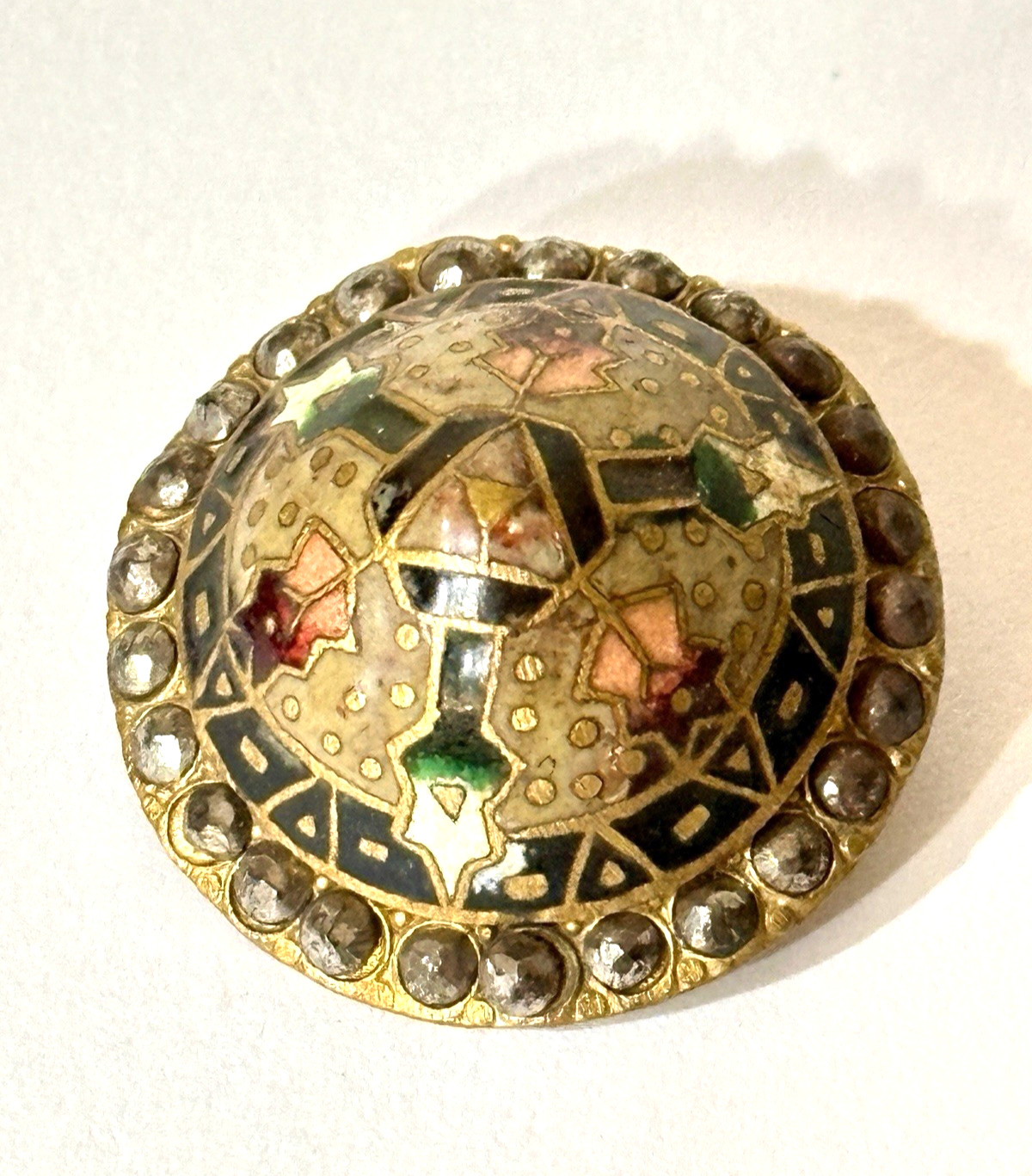 Victorian French? Champleve Button Dome Cut Steel Accent Enamel Brass W/Shank