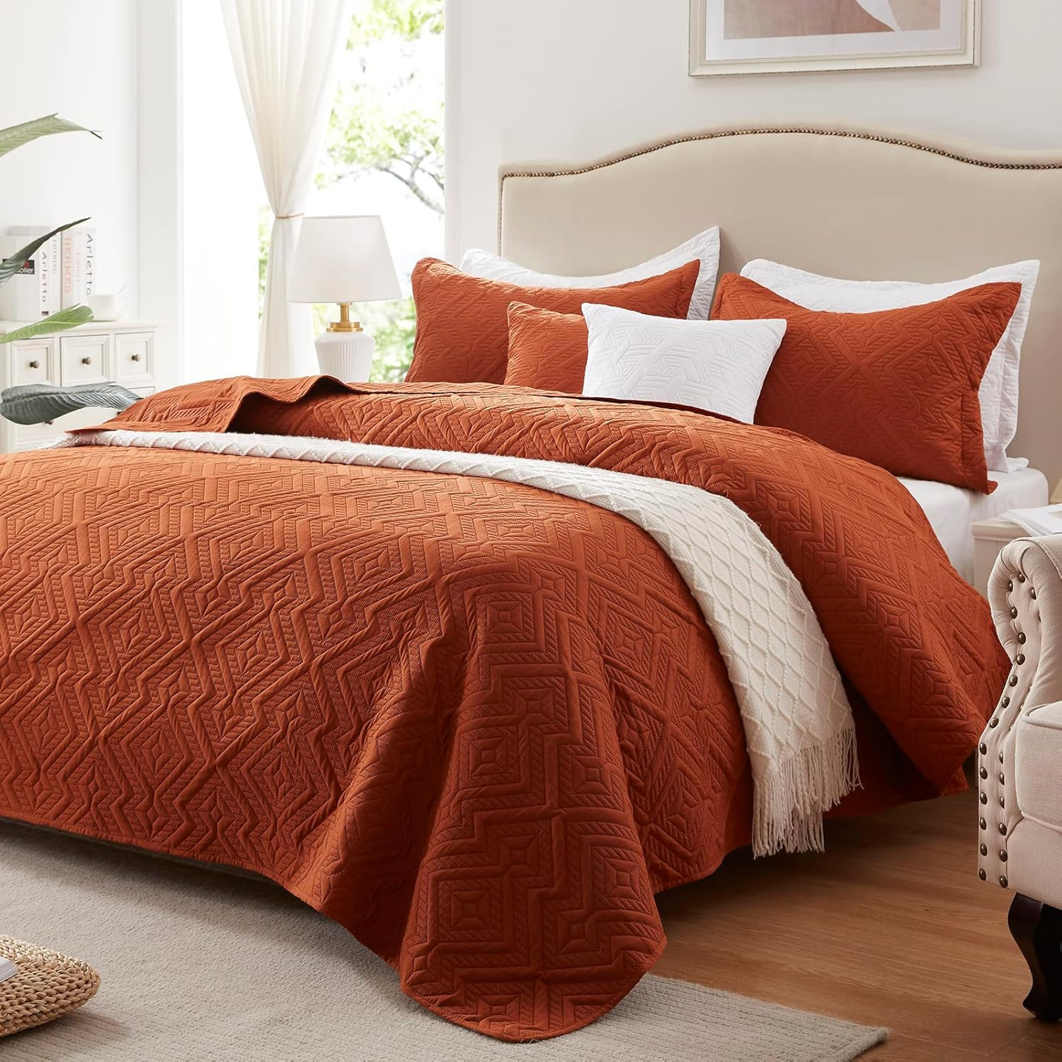 Oversized California King Size Quilt, Burnt Orange/Rust Bedspread, Lightweight