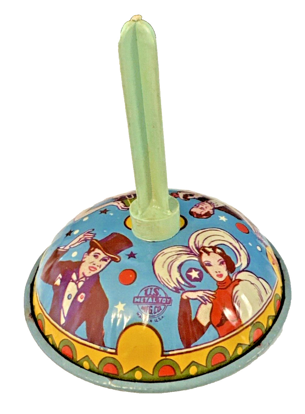 Noise Maker 1950s U.S. Metal Toy Mfg Tin Litho New Year’s Eve Dancers Bell