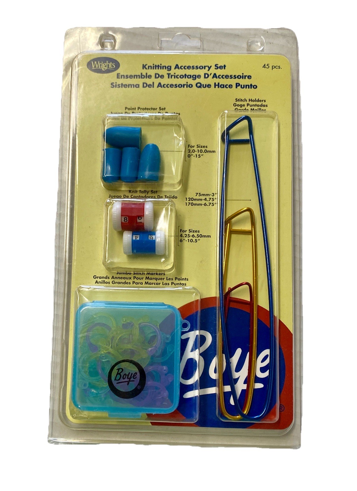 Boye Knitting Accessory Set Knit Tally Stich Holder 4 Point Protector 45 Pieces