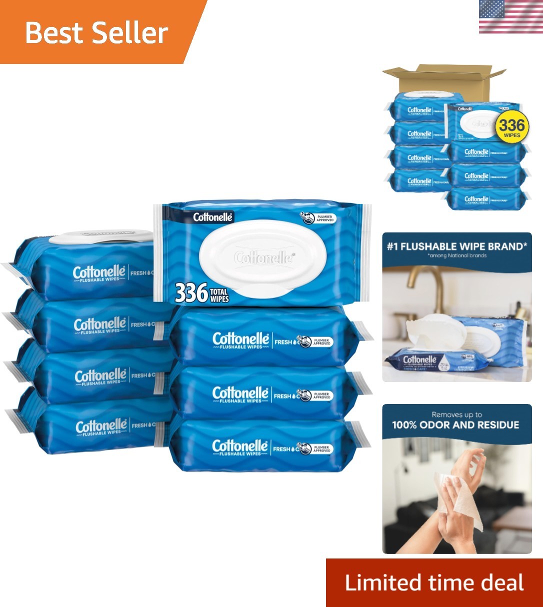 Cottonelle Fresh Feel Flushable Wet Wipes, Adult Wet Wipes, 8 Flip-Top Packs, 42