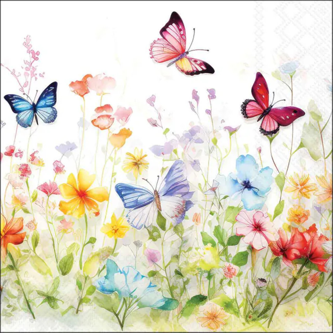 Tovagliolo 33x33 Carta Decorato  Butterflies In Field White