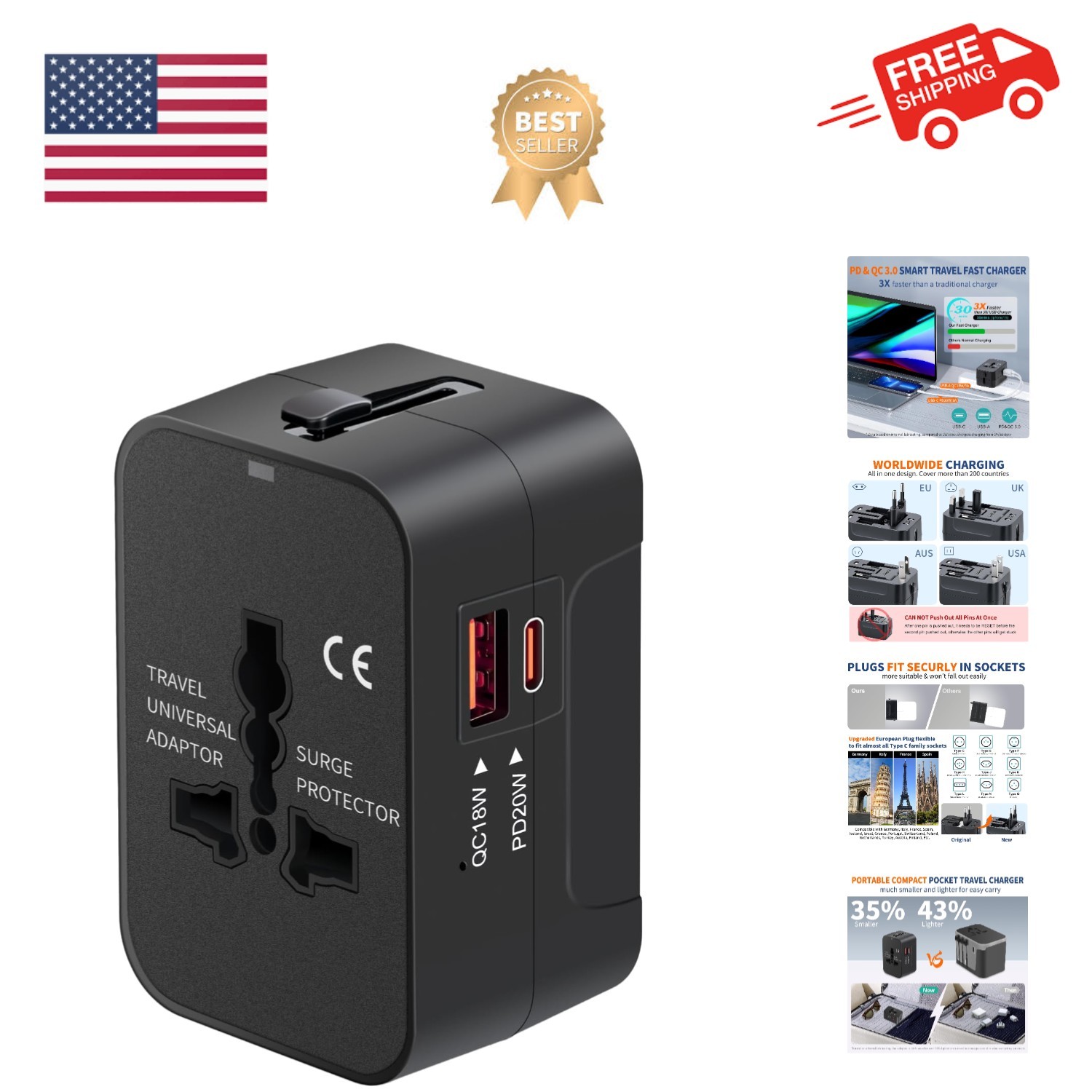 Travel Adapter USB C, Universal All in One Worldwide Travel Adapter Fast Char...