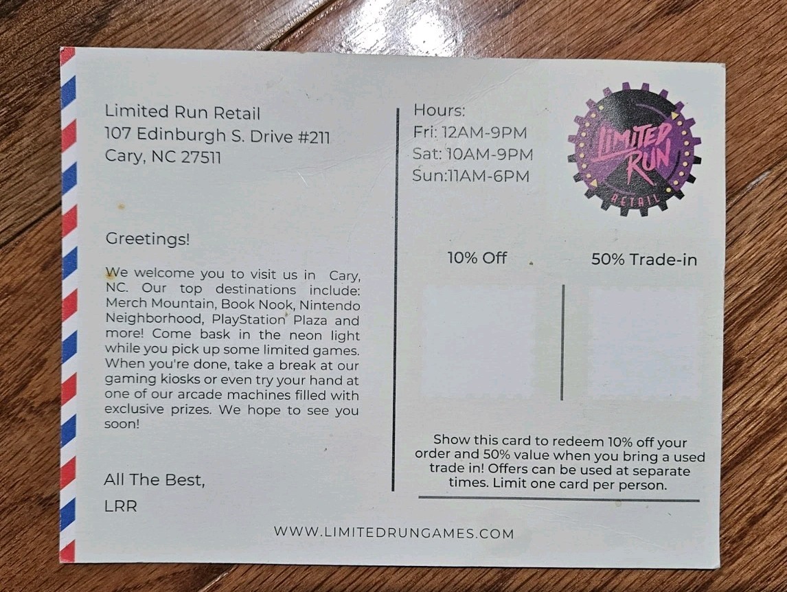 Limited Run Games Retail Location Coupon Card 10% Off Order